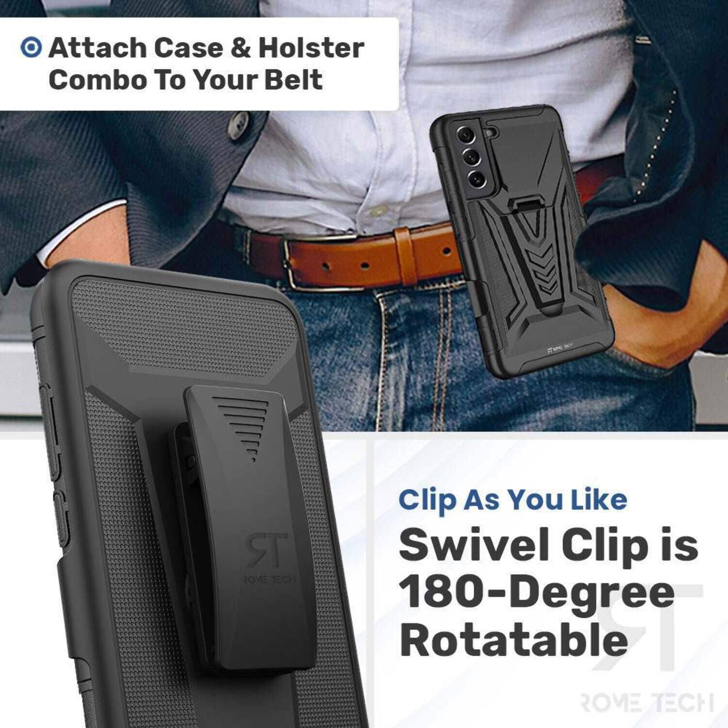 Attach Case & Holster Combo To Your Belt

Clip As You Like
Swivel Clip is 180-Degree Rotatable

ROME TECH