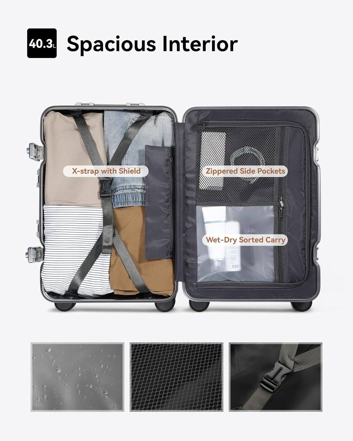 40.3L Spacious Interior

- X-strap with Shield
- Zippered Side Pockets
- Wet-Dry Sorted Carry