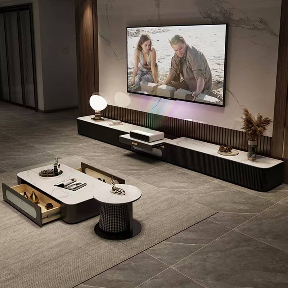 Alt View 7. POVISON - 125" Modern TV Stand for Projector, Sintered Stone TV Cabinet with Drawers for Home Theater, Black & White - White & Black.