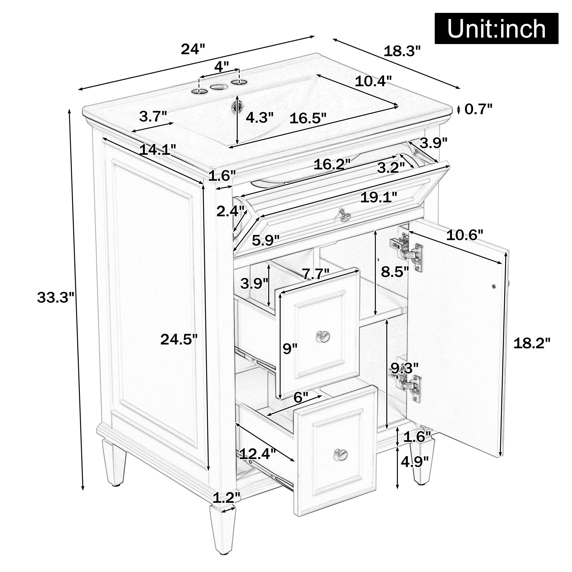24" 4" Unit:inch  
18.3" 10.4" 3.7" 4.3" 16.5" 0.7" 14.1" 1.6" 2.4" 5.9" 3.9" 16.2" 3.2" 19.1" 10.6" 33.3" 3.9" 7.7" 8.5" 24.5" 9" 9.3" 18.2" 6" 12.4" 1.6" 4.9" 1.2"