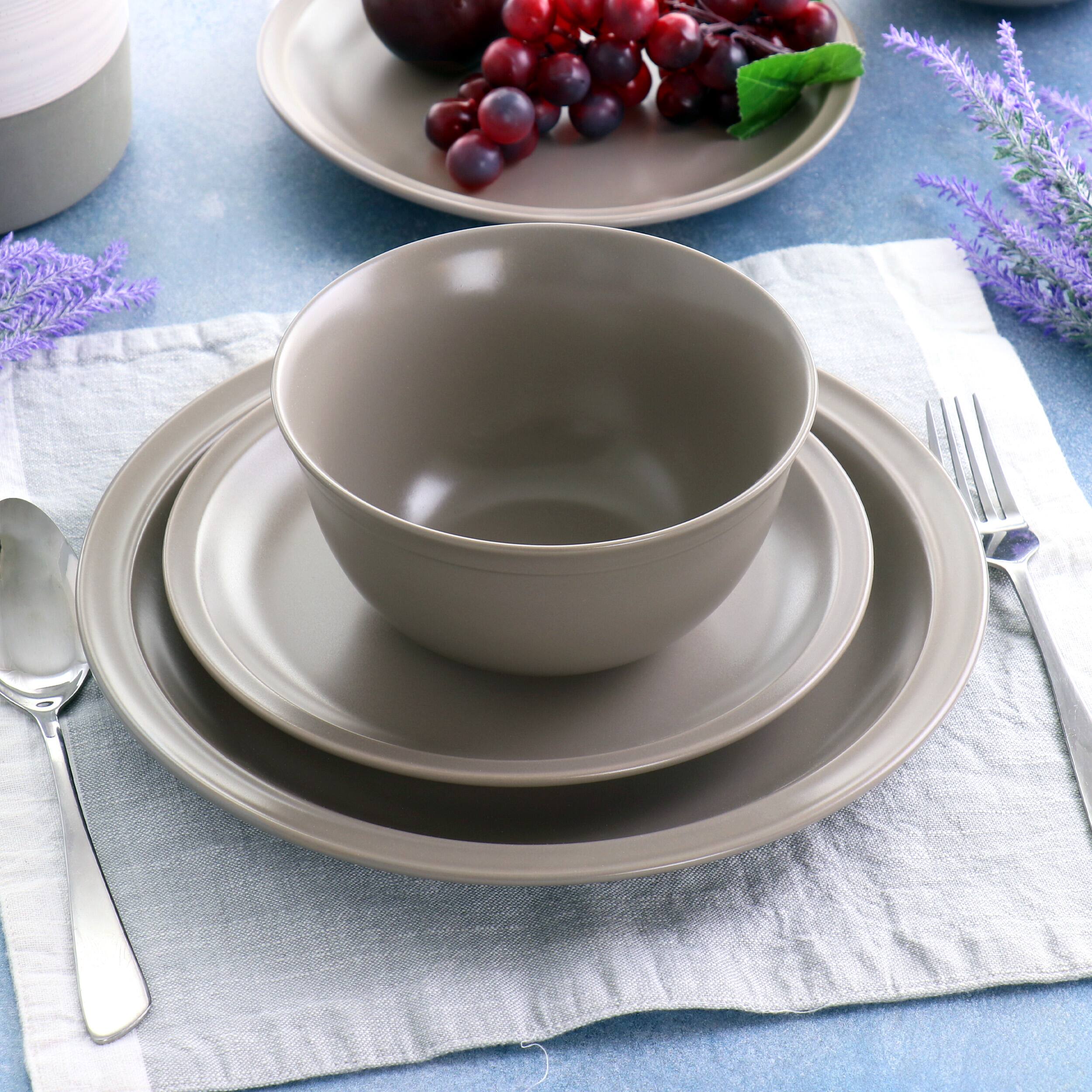 Alt View 7. Gibson - Gibson Home Siam 12 Piece Round Stoneware Dinnerware Set in Warm Grey - Warm Gray.