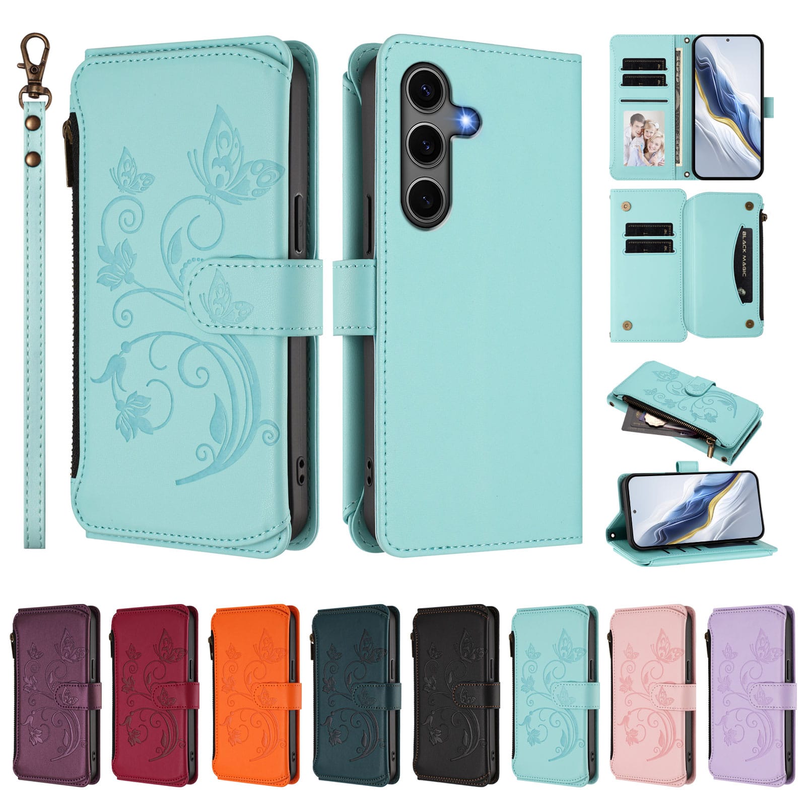 Dteck - Crossbody Wallet Case for Samsung Galaxy S25+/S25 Plus,Embossed Butterfly Flower Folio Cover with Zipper Pocket+Strap - Green price history on PriceWatchPro