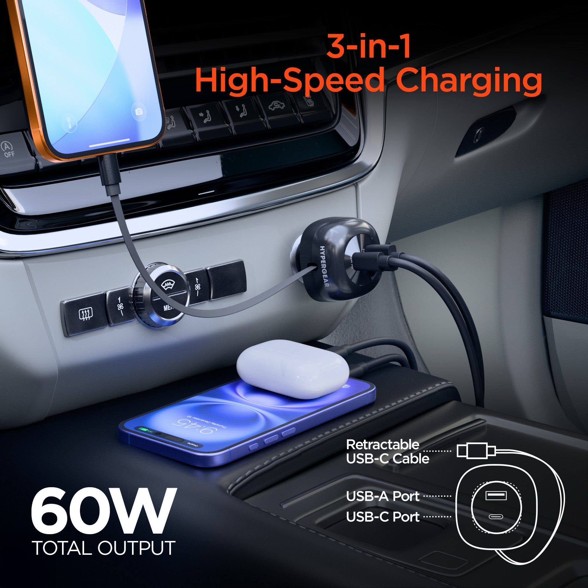 OFF 3-in-1 High-Speed Charging

HYPERGEAR

9.45 60W TOTAL OUTPUT

Retractable USB-C Cable

USB-A Port

USB-C Port