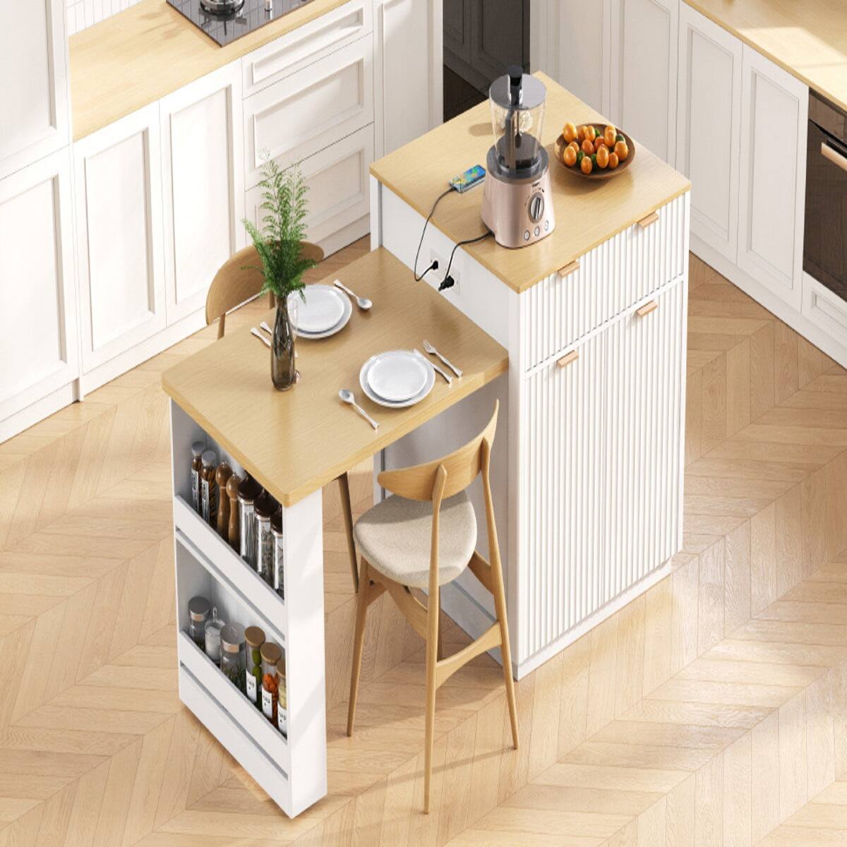 Alt View 10. Loheer - White Fluted Kitchen Island with Extendable Dining Table, 82.6-Inch Rectangular Island with Power Outlet - White.
