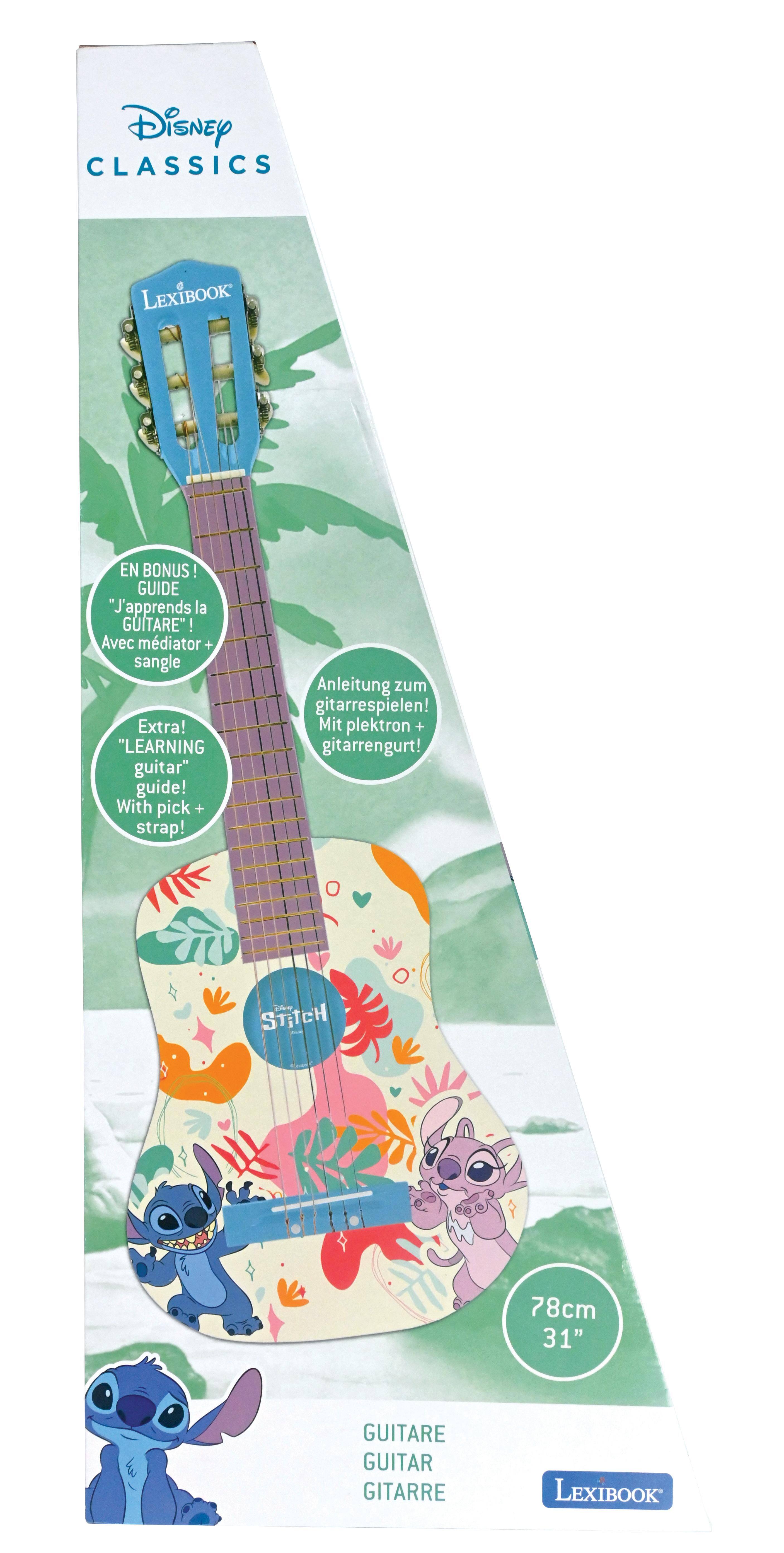 Disney CLASSICS  
LEXIBOOK EN BONUS!  
GUIDE "J'apprends la GUITARE"!  
Avec mïdiator + sangle Extra!  
"LEARNING guitar" guide! With pick + strap!  
Anleitung zum gitarrespielen! Mit plektron + gitarrengurt!  
d STITCH  
78cm 31"  
GUITARE GUITAR GITARRE  
LEXIBOOK