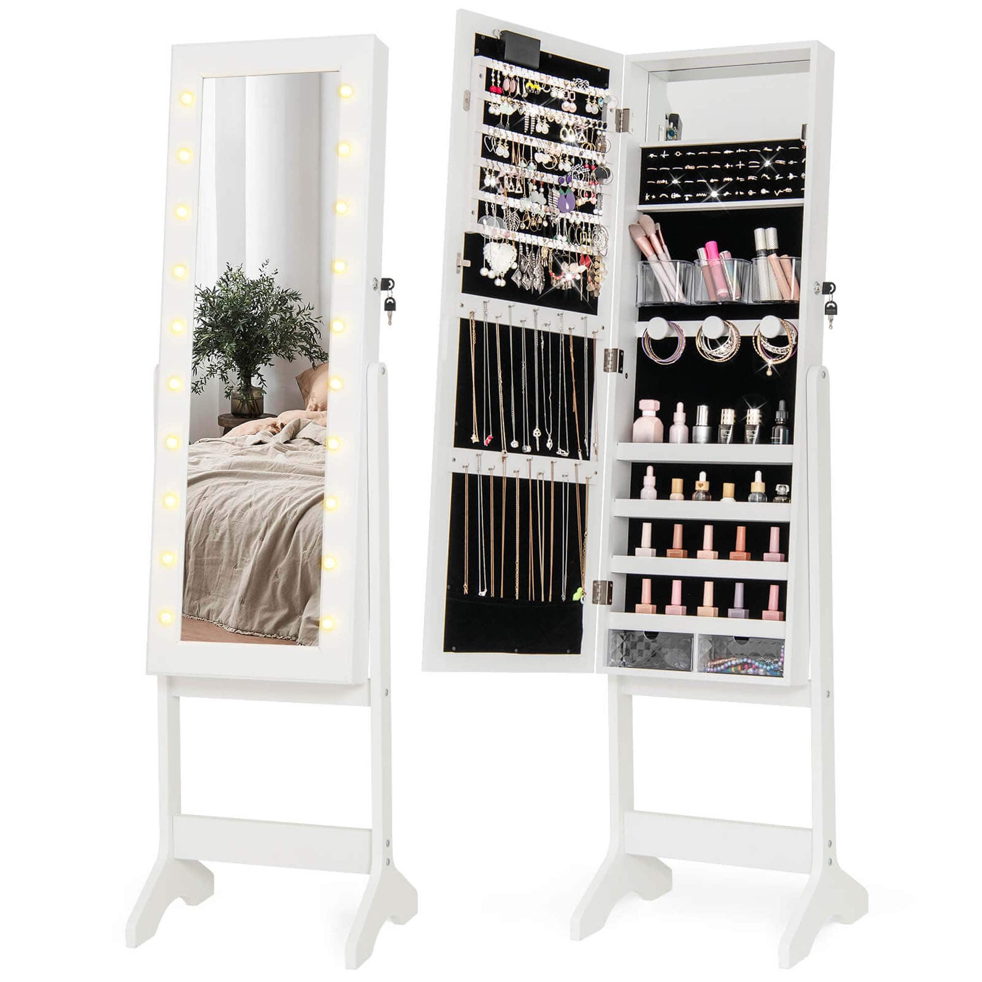 Front. Costway - Costway LED Mirror Jewelry Cabinet with 20 LED Lights Full-Length Mirror Adjustable Angles - White.