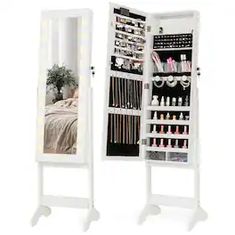 Costway - LED Mirror Jewelry Cabinet with 20 LED Lights Full-Length Mirror Adjustable Angles - White