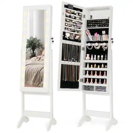Front. Costway - Costway LED Mirror Jewelry Cabinet with 20 LED Lights Full-Length Mirror Adjustable Angles - White.