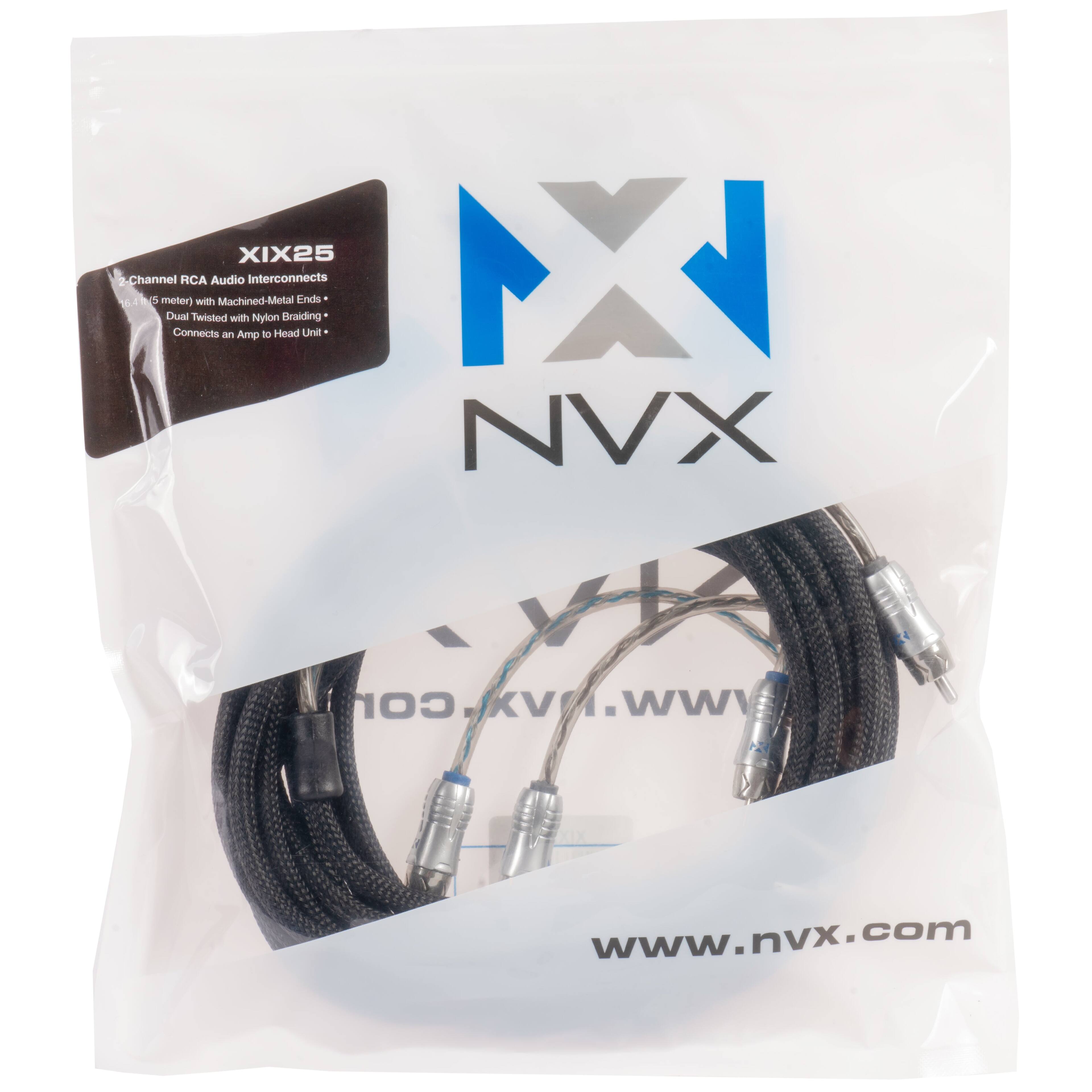 XIX25  
2 Channel RCA Audio Interconnects  
16.4' (5 meter) with Machined-Metal Ends  
Dual Twisted with Nylon Braiding  
Connects an Amp to Head Unit  

NVX  
www.nvx.com