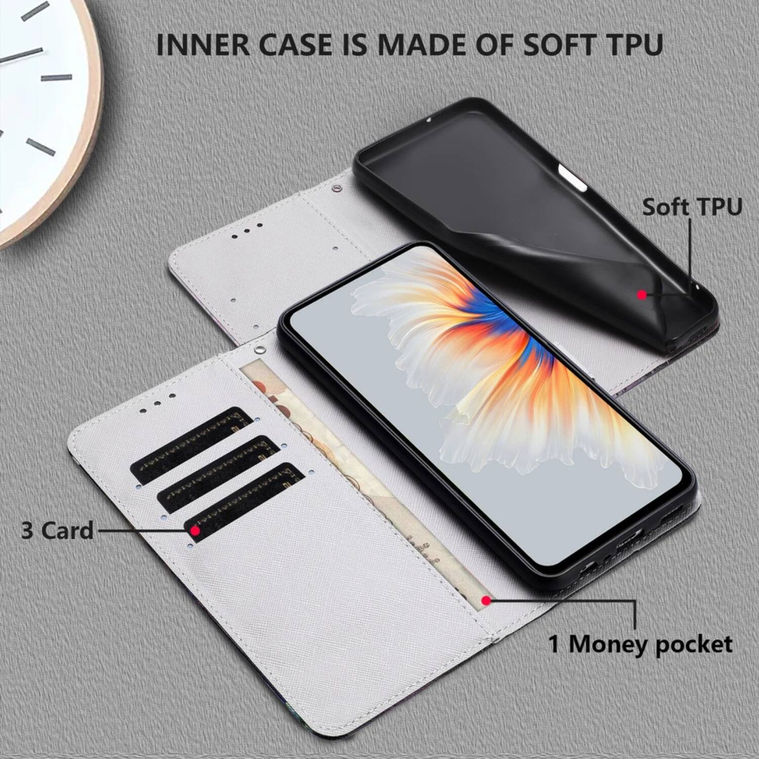 INNER CASE IS MADE OF SOFT TPU

- Soft TPU
- 3 Card
- 1 Money pocket