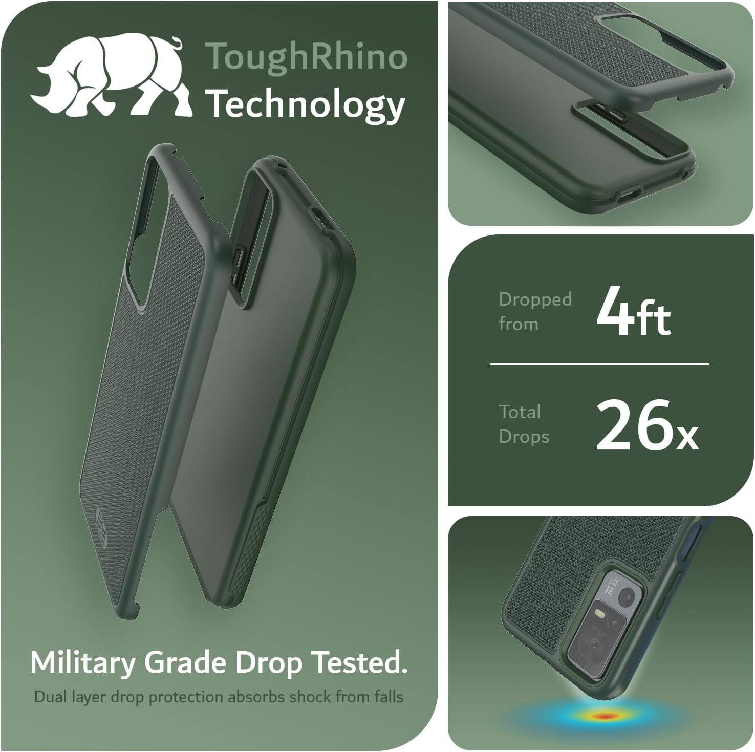 ToughRhino Technology

Dropped from 4ft  
Total Drops 26x

Military Grade Drop Tested.  
Dual layer drop protection absorbs shock from falls