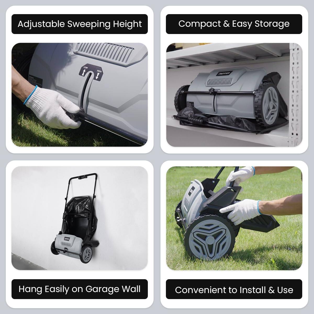 Adjustable Sweeping Height  
Compact & Easy Storage  
Hang Easily on Garage Wall  
Convenient to Install & Use