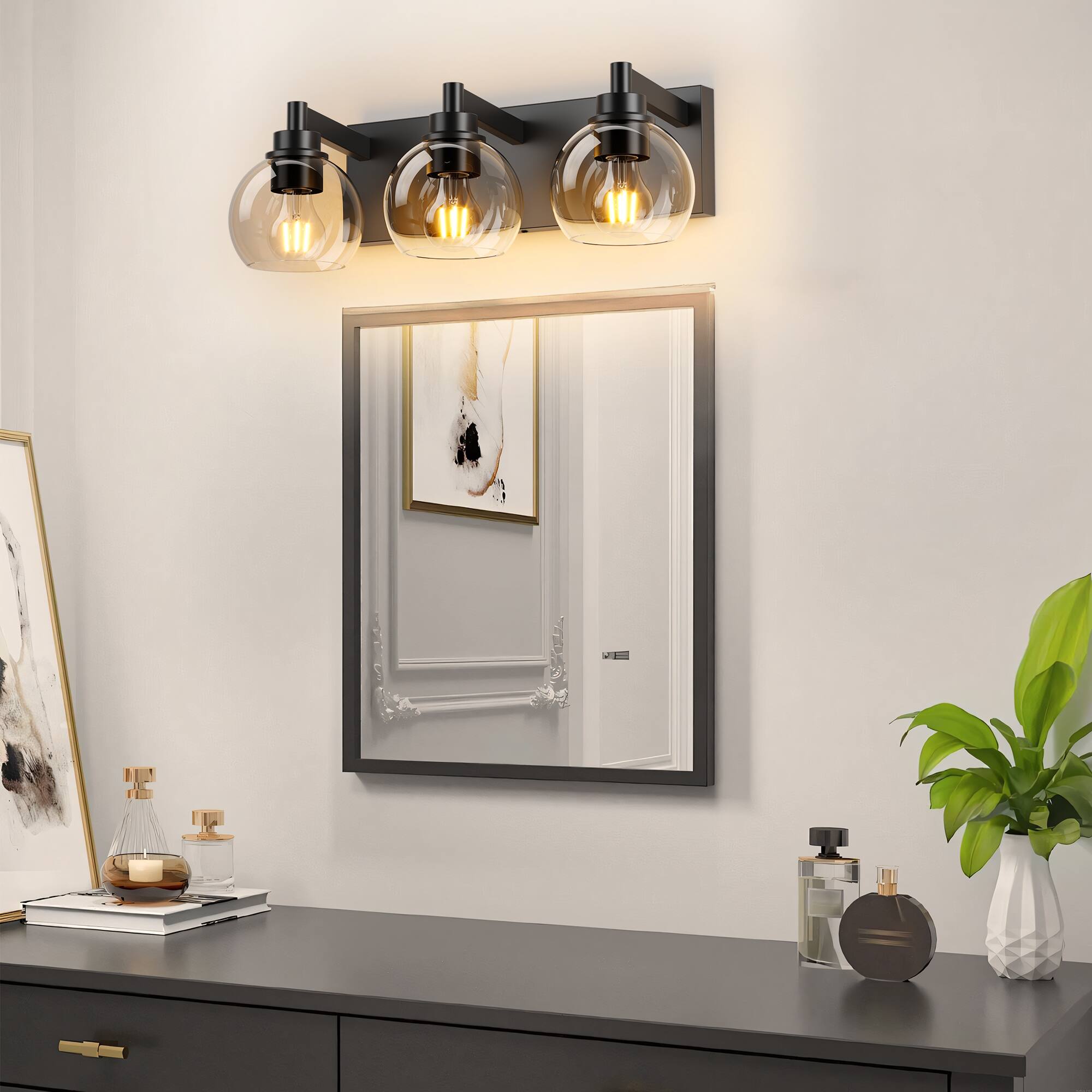 Angle. APRILSOUL - Bathroom Vanity Light 3-Light Bathroom Lighting Fixtures Over Mirror with Clear Glass Shade and Metal Base Matte Black.