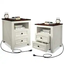 Vipbear - Farmhouse Nightstand with Charging Station 18" Night Stand Set of 2 Drawers Wood Bedside End Table,Set of 2 - White