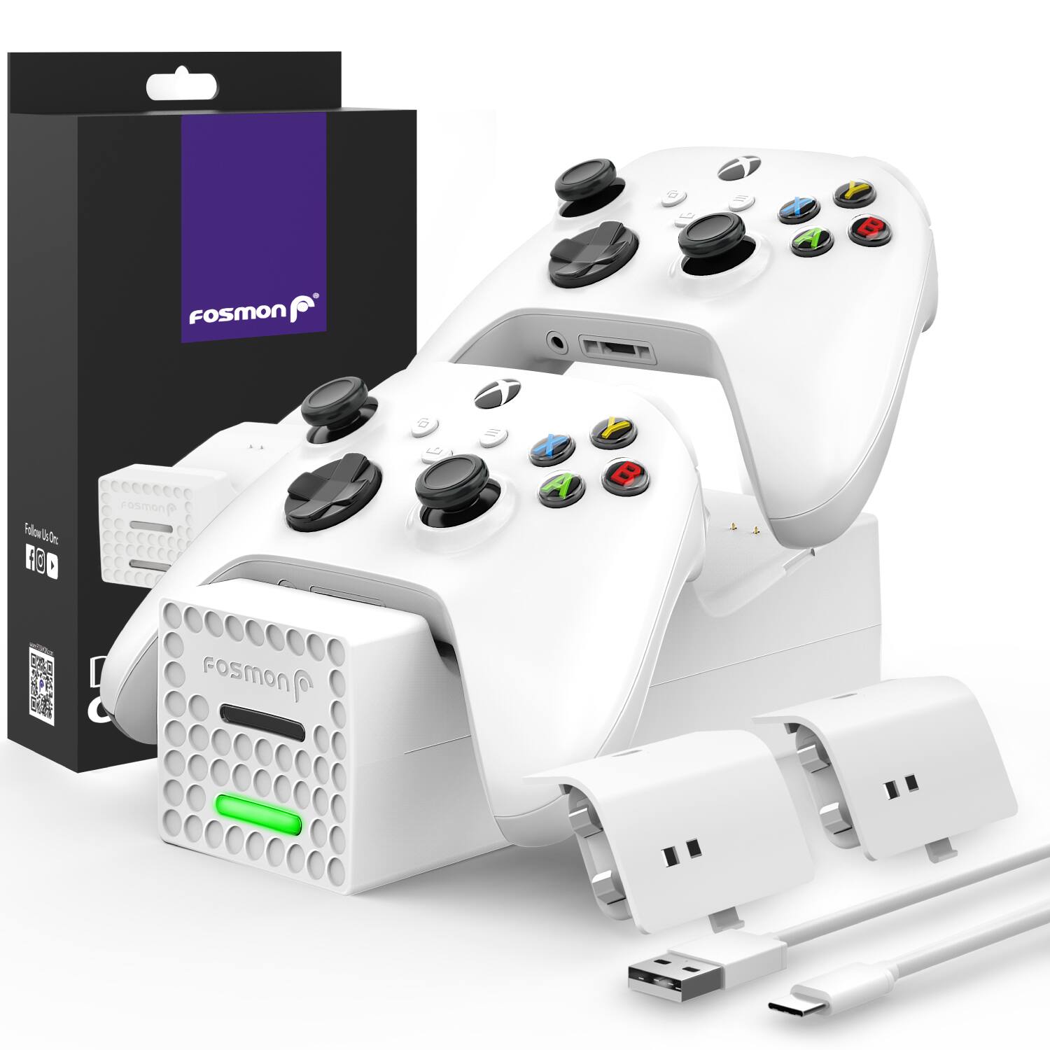 Fosmon - For Xbox Controller Charging Station, Dual High Speed Xbox Charger Station, Battery For Xbox One X and Xbox One S - White