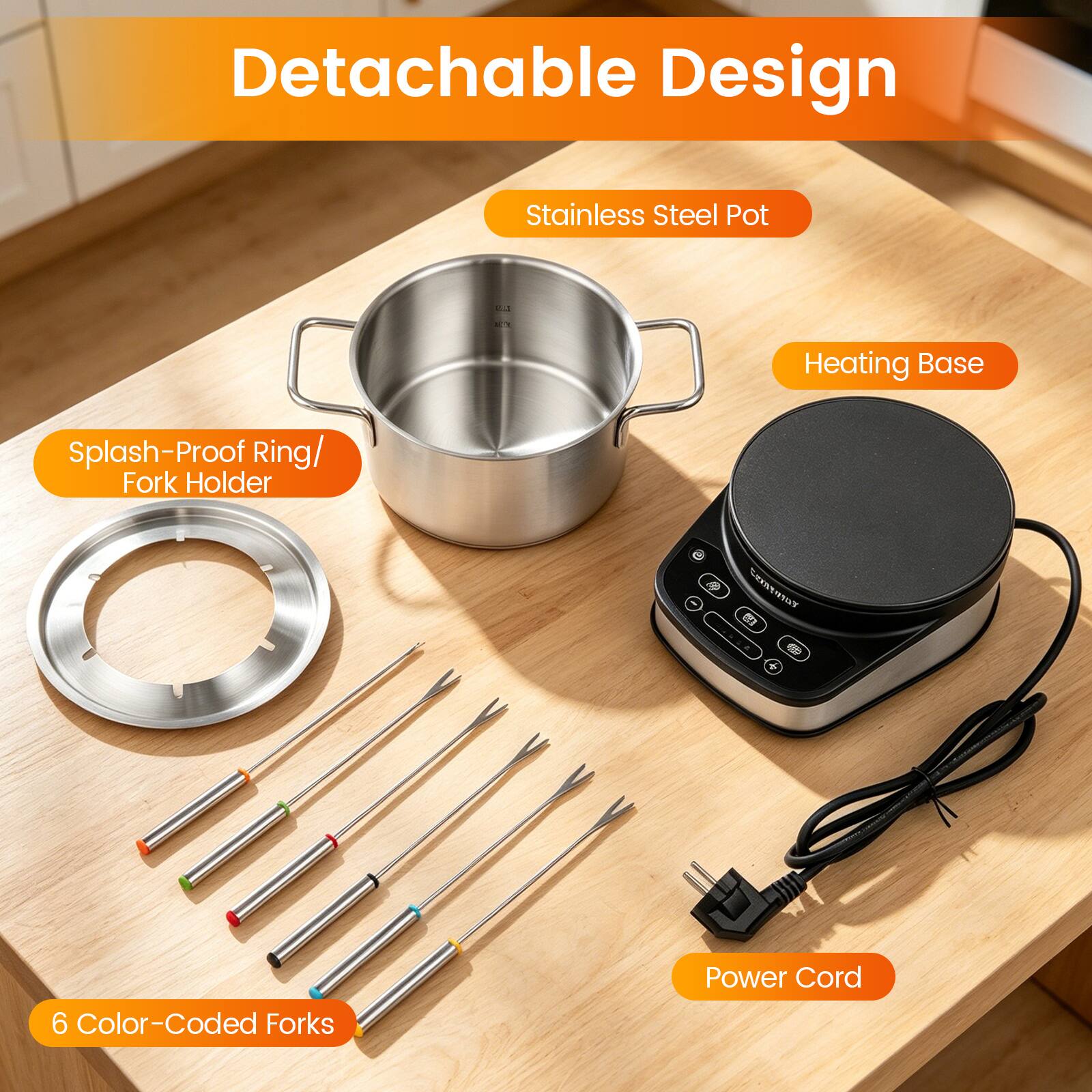Detachable Design Stainless Steel Pot ... . Heating Base Splash-Proof Ring/ Fork Holder 9 CoeY m 6 + 6 Color-Coded Forks Power Cord