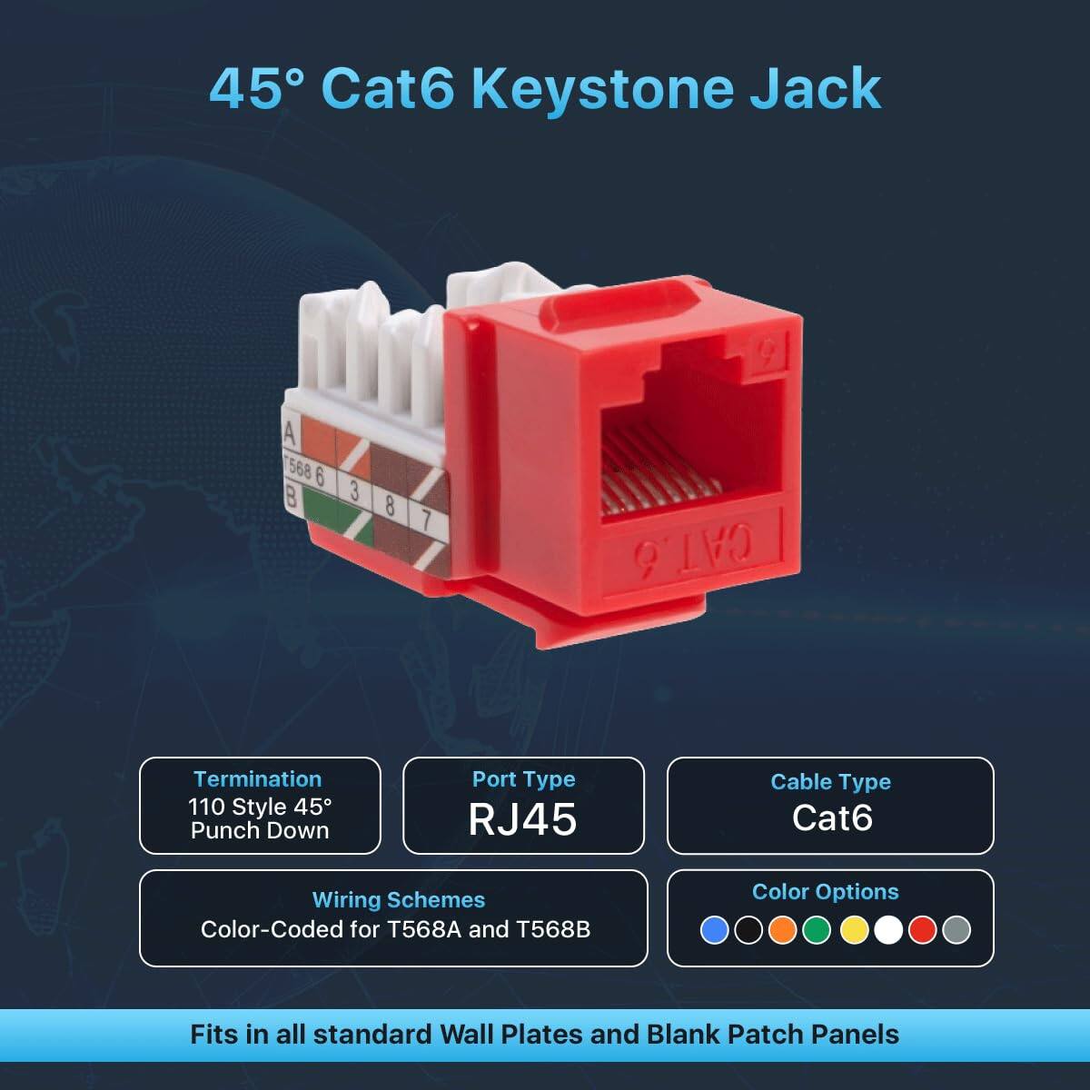 45° Cat6 Keystone Jack

- Termination: 110 Style 45° Punch Down
- Port Type: RJ45
- Cable Type: Cat6
- Wiring Schemes: Color-Coded for T568A and T568B
- Color Options: [Color options available]
- Fits in all standard Wall Plates and Blank Patch Panels