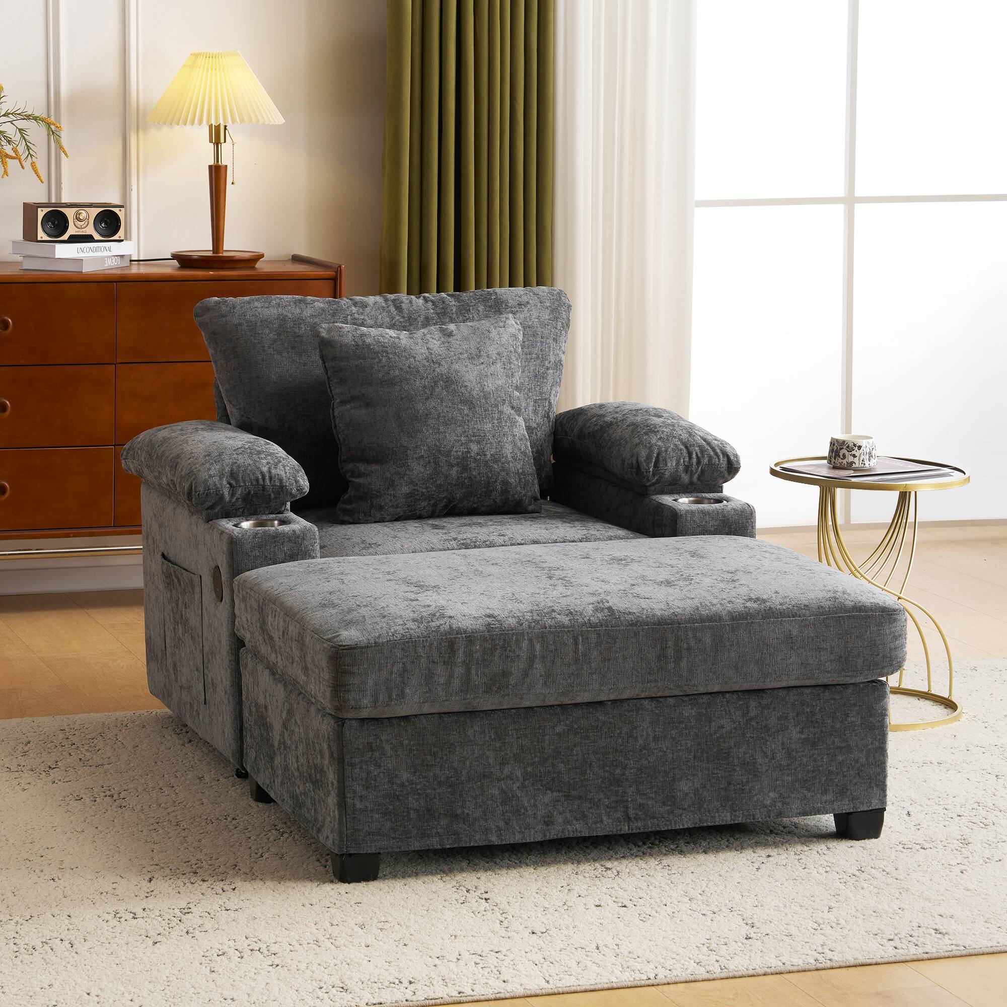 Alt View 5. Ecooso - Oversized Chair with Ottoman, Chenille Fabric Sofa Bed, Accent Chair with Cupholders and USB Charging Ports - Dark Gray.