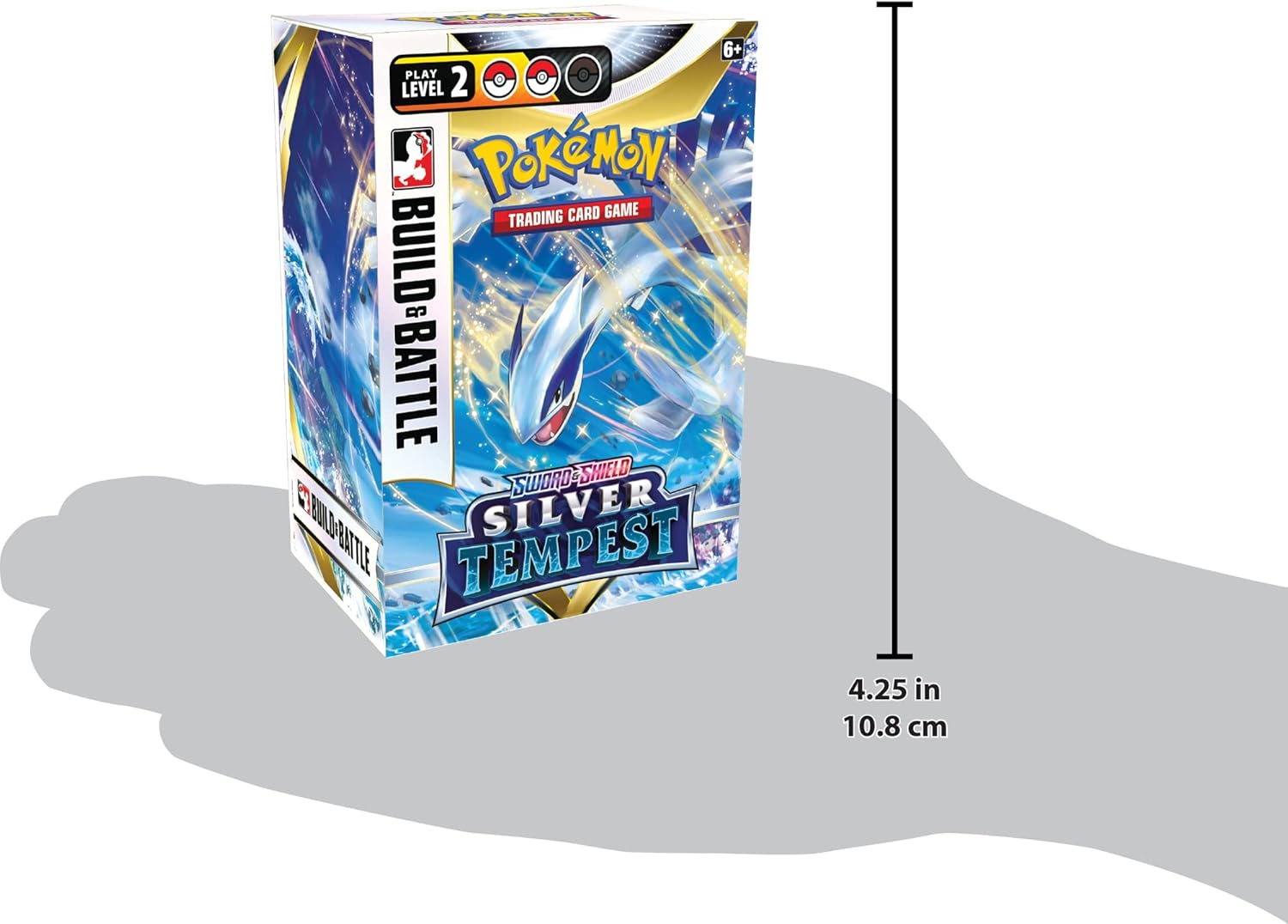 6+ PLAY LEVEL 2  
POKÉMON TRADING CARD GAME  
BUILD & BATTLE  
SWORD & SHIELD  
SILVER TEMPEST  
4.25 in (10.8 cm)