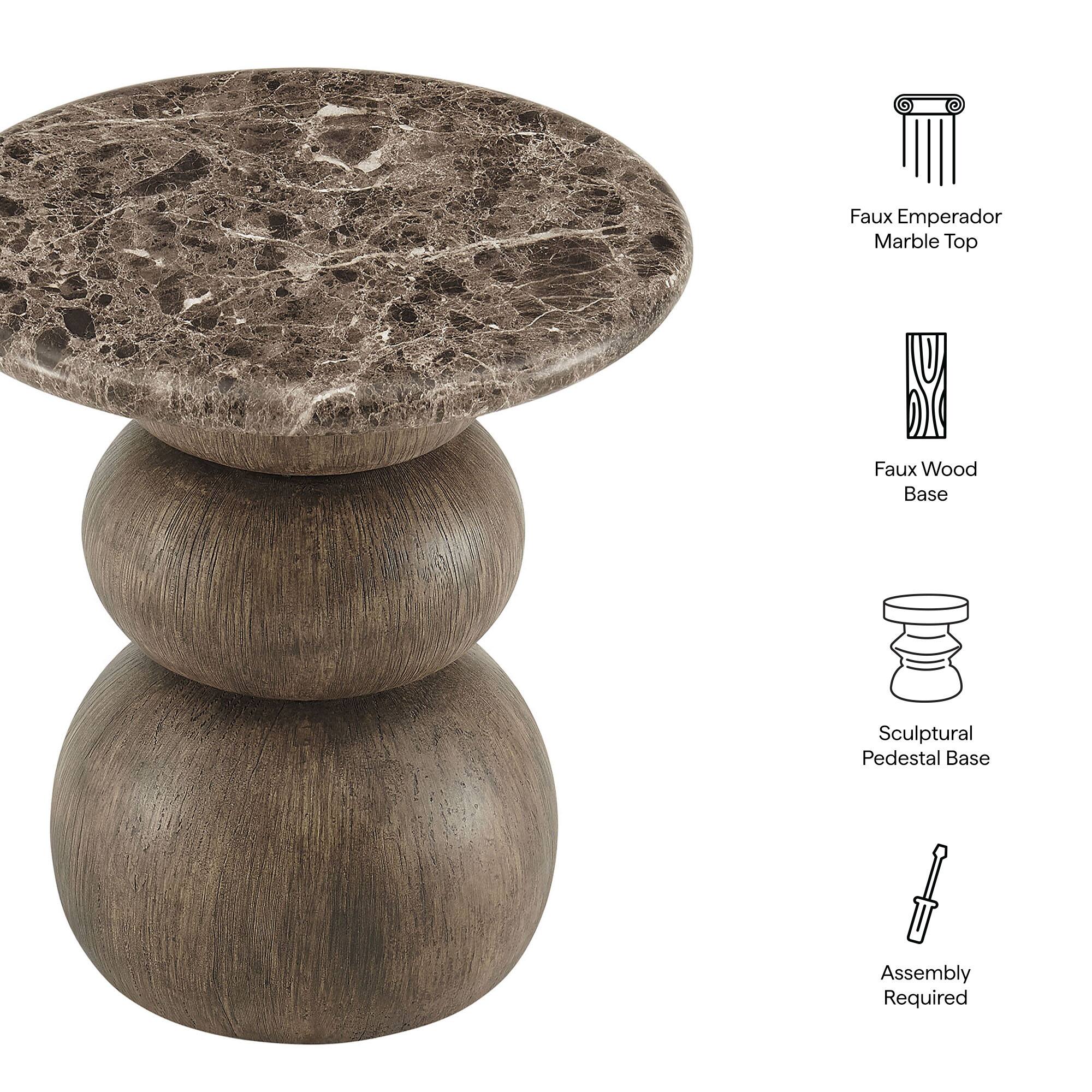 Faux Emperador Marble Top  
Faux Wood Base  
Sculptural Pedestal Base  
Assembly Required