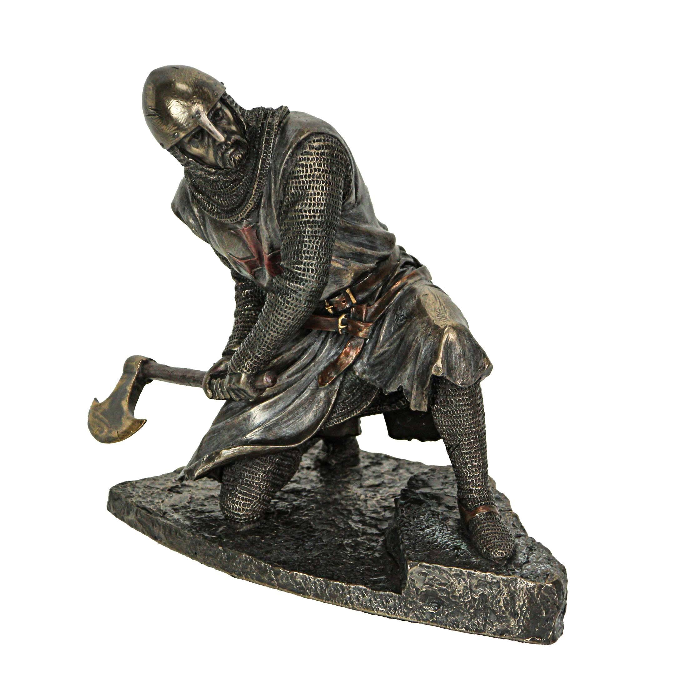 Front. Veronese Design - Bronze Finish Kneeling Templar Knight Wielding Battle Axe Statue - Multicolored.