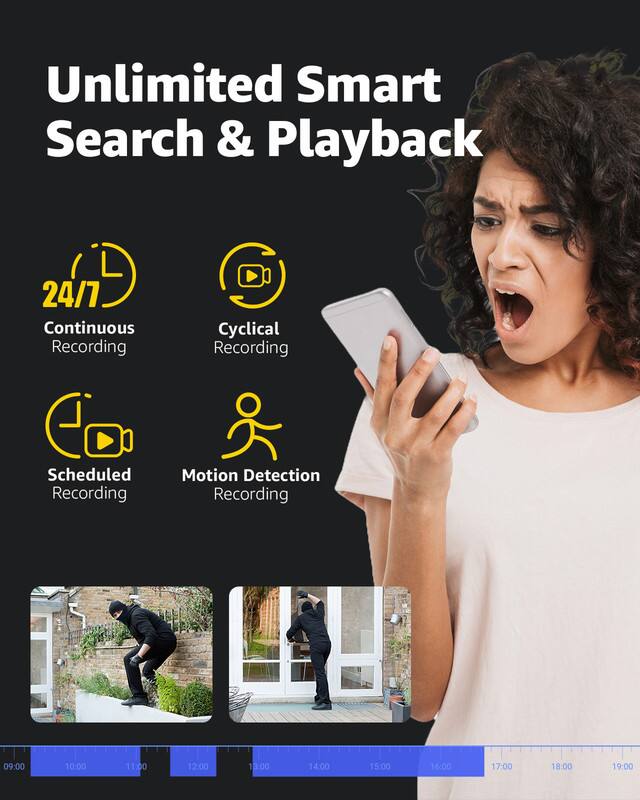 Unlimited Smart Search & Playback

- 24/7 Continuous Recording
- Cyclical Recording
- Scheduled Recording
- Motion Detection Recording

09:00 10:00 11:00 12:00 13:00 14:00 15:00 16:00 17:00 18:00 19:00
