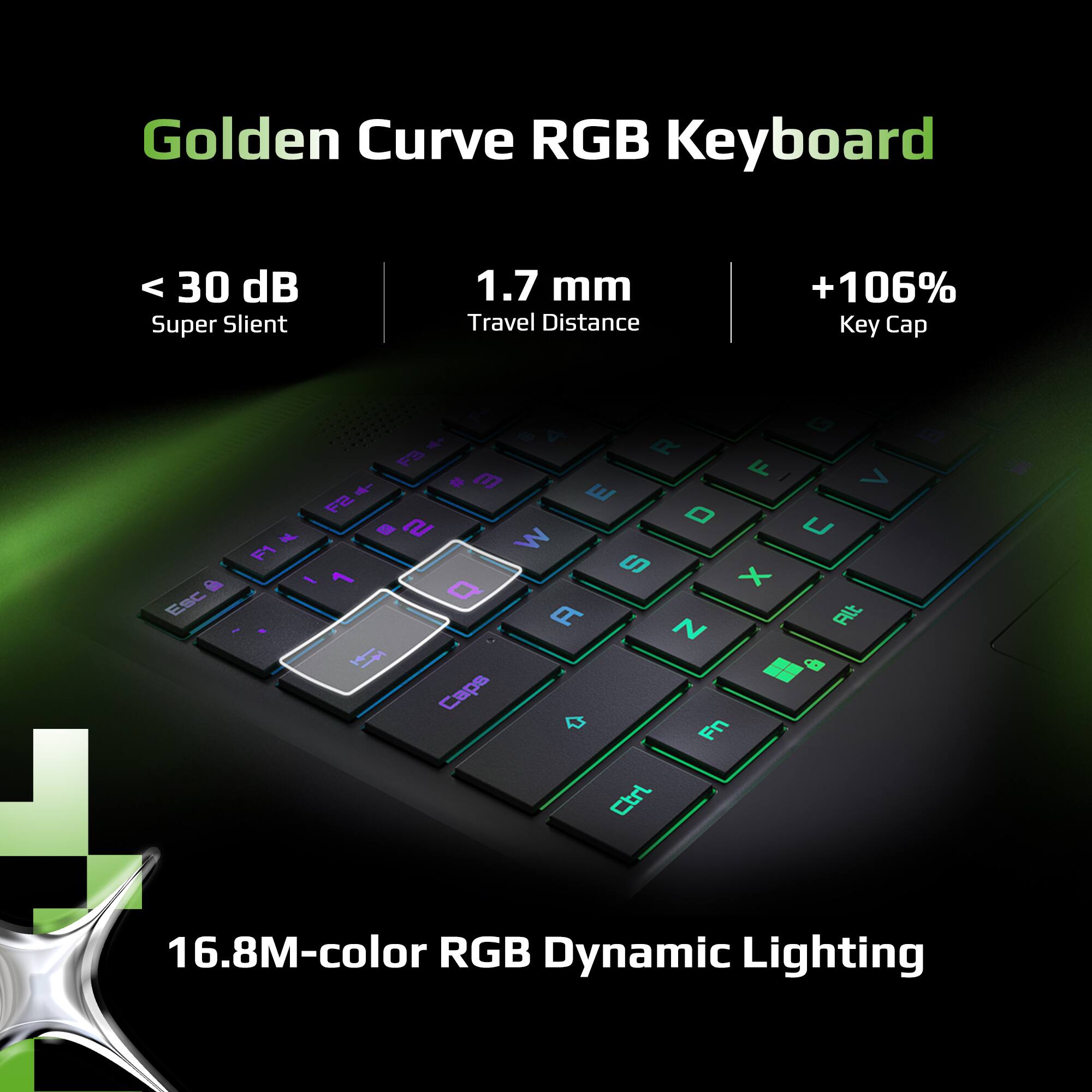 Golden Curve RGB Keyboard  
< 30 dB Super Silent  
1.7 mm Travel Distance  
+106% Key Cap  
16.8M-color RGB Dynamic Lighting