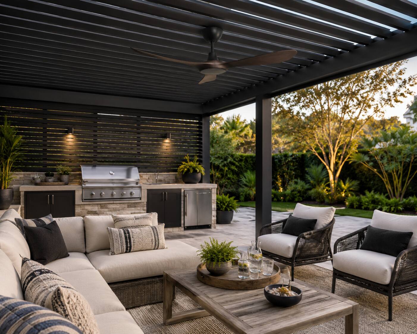 Left. ENLIGHT - 60" Smart Ceiling Fan, IP66 Outdoor/Coastal, Weather Resist, Efficient + Quiet DC Motor, Reverse Mode, Matter, 3 Blades - Walnut Woodgrain.