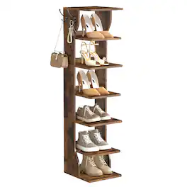 Songmics Home - 7 Tier Vertical Shoe Rack, Narrow Shoe Storage Organizer with Hooks, Slim Wooden Corner Shoe Tower Rack - Rustic Brown