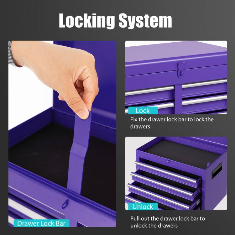 Locking System

Lock
Fix the drawer lock bar to lock the drawers

Unlock
Pull out the drawer lock bar to unlock the drawers