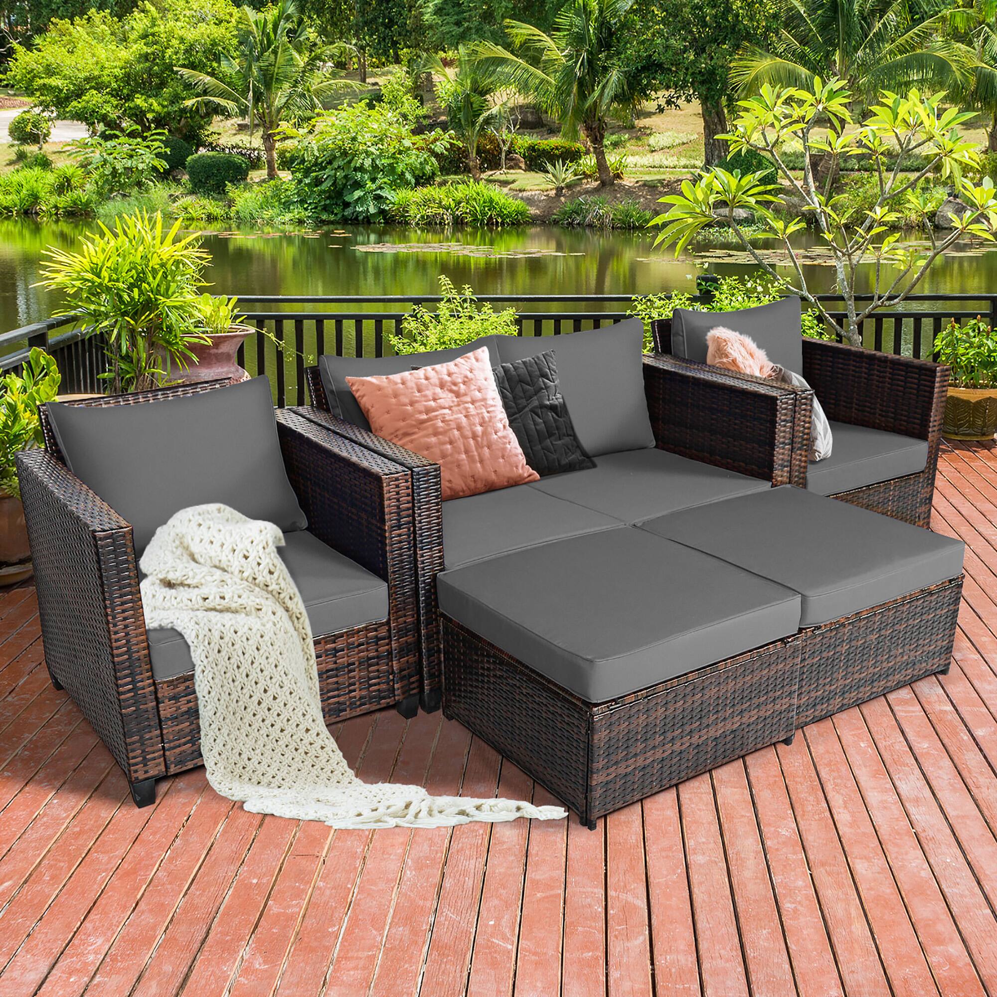 Alt View 3. Gymax - Gymax 5PCS Outdoor Patio Rattan Conversation Sofa Furniture Set w/ Grey Cushions - Grey.
