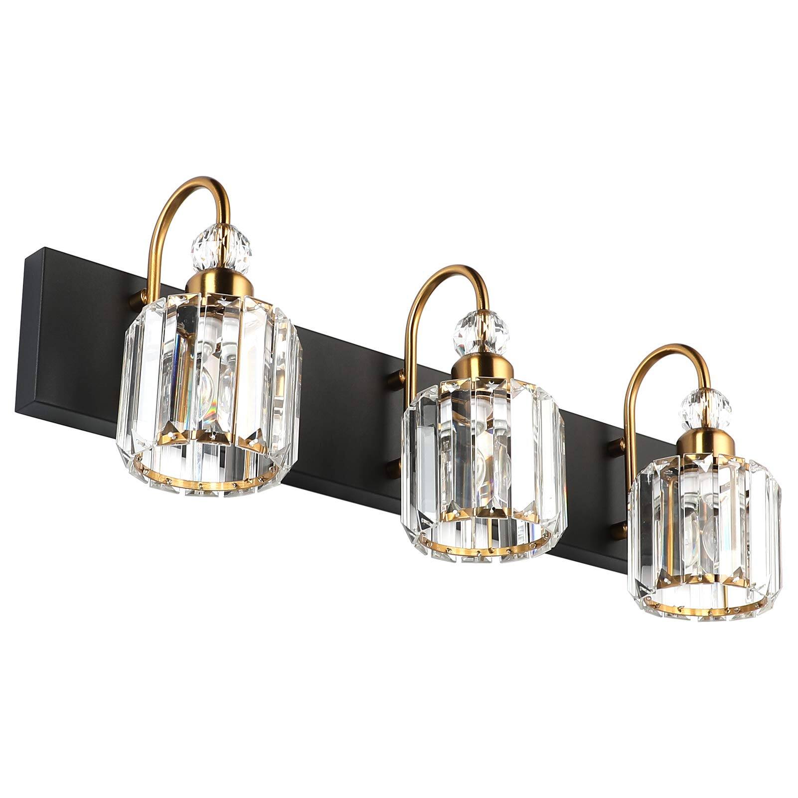Front. Dazzling Pops - Modern Bathroom Vanity Light Fixture s Metal Crystal Hj - Round-Black+Gold 3-light.