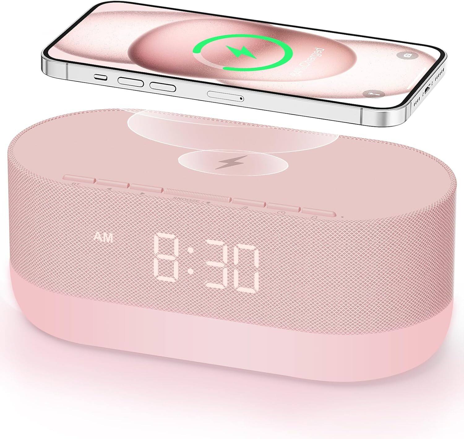 Stamp n Camp - HOUSBAY 3 in 1 Sound Machine Alarm Clock& Wireless Charger: Soothing White Noise, Bluetooth Music Relaxation & Routine - Pink
