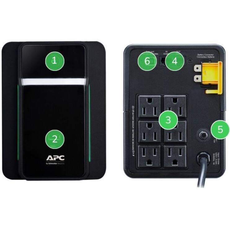 1. Power Button
2. APC by Schneider Electric
3. Outlet 1
4. Outlet 2
5. Outlet 3
6. Battery Connector (Connected to Battery)