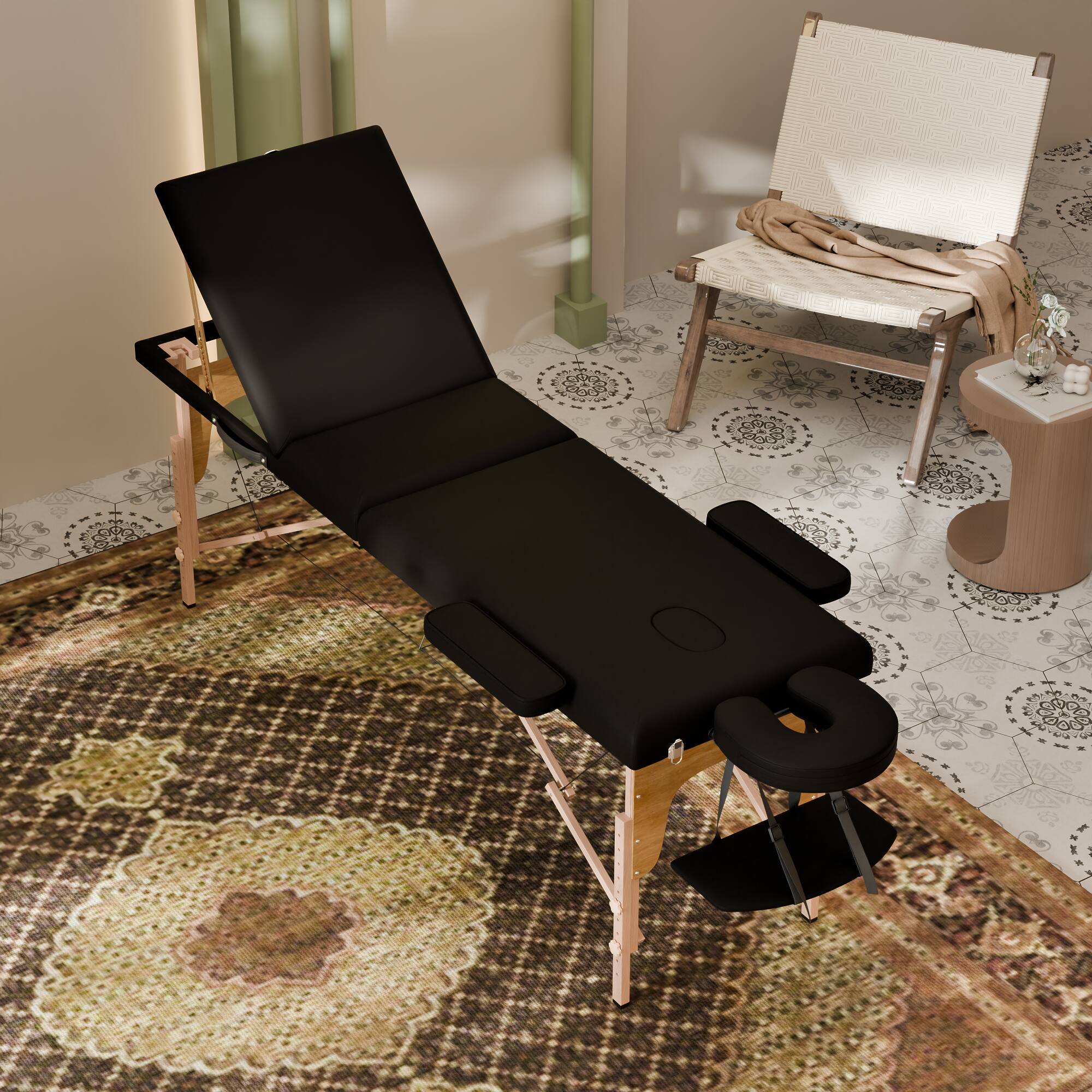Left. Famapy - Foldable Portable Massage Table with Adjustable Headrest & Backrest, Sturdy 550 lbs Support, Space-Saving Design - Black & Wooden.