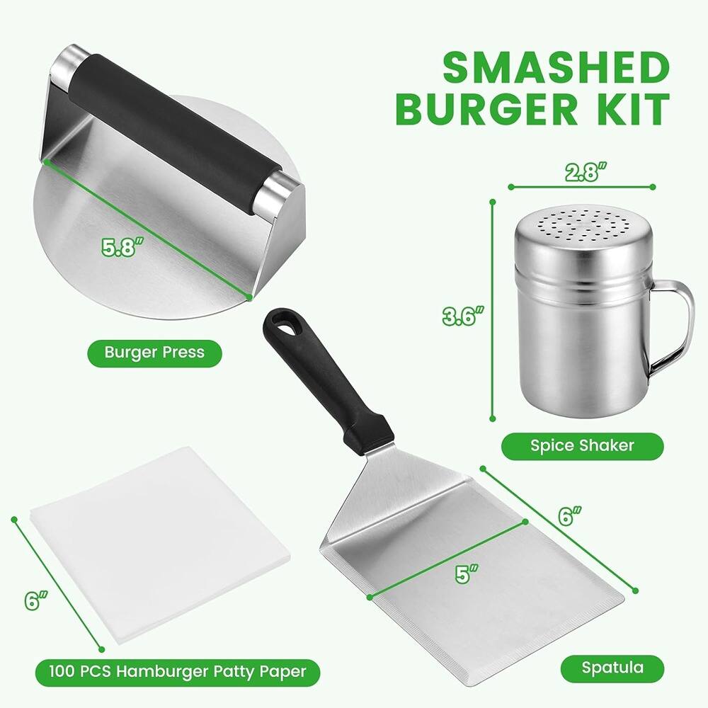 SMASHED BURGER KIT

- Burger Press: 5.8"
- Spice Shaker: 2.8" x 3.6"
- Spatula: 5" x 6"
- 100 PCS Hamburger Patty Paper: 6" x 6"