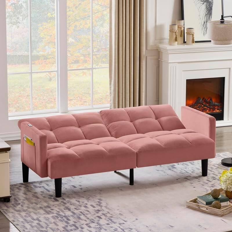 Alt View 3. Trinkets Crazed - Velvet Futon Couch Convertible Folding Sofa Bed Tufted Couch for Apartment  - pink.