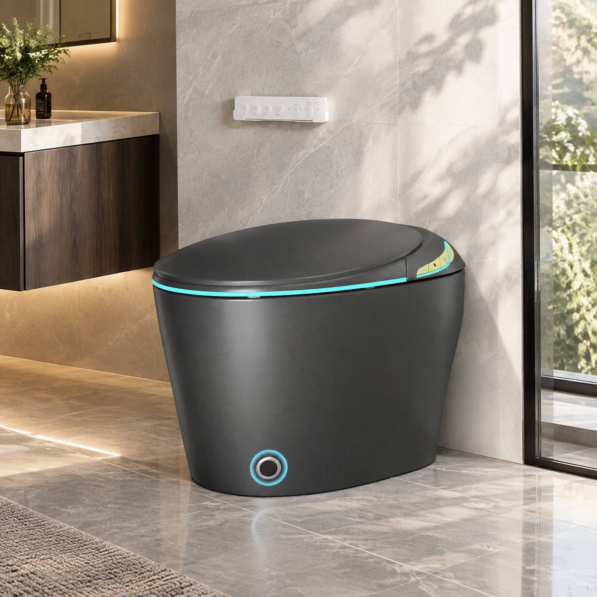 Left. RYHNUYNE - Unique One Piece Smart Bidet Toilet, Auto Open Close Seat Foot Sensor LED Display Night Light Warm Water Dryer In Grey - Grey.