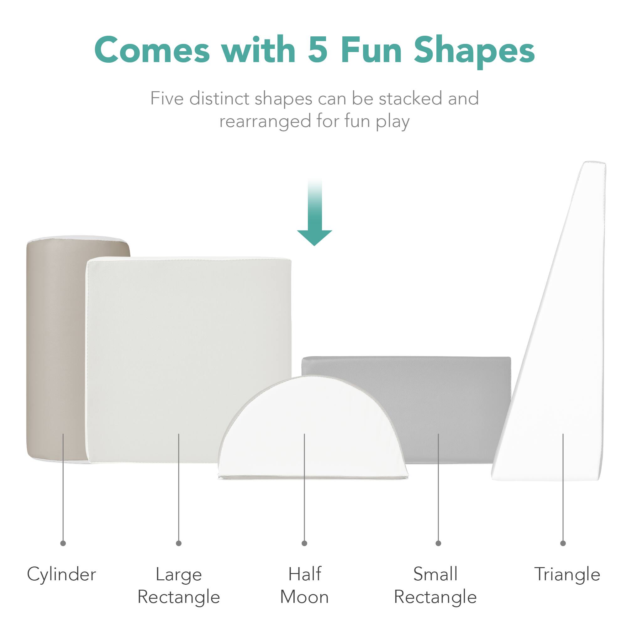 The text in the image can be grouped and corrected as follows:

"Comes with 5 Fun Shapes. Five distinct shapes can be stacked and rearranged for fun play. The shapes are: Cylinder, Large Rectangle, Half Moon, Small Rectangle, and Triangle."