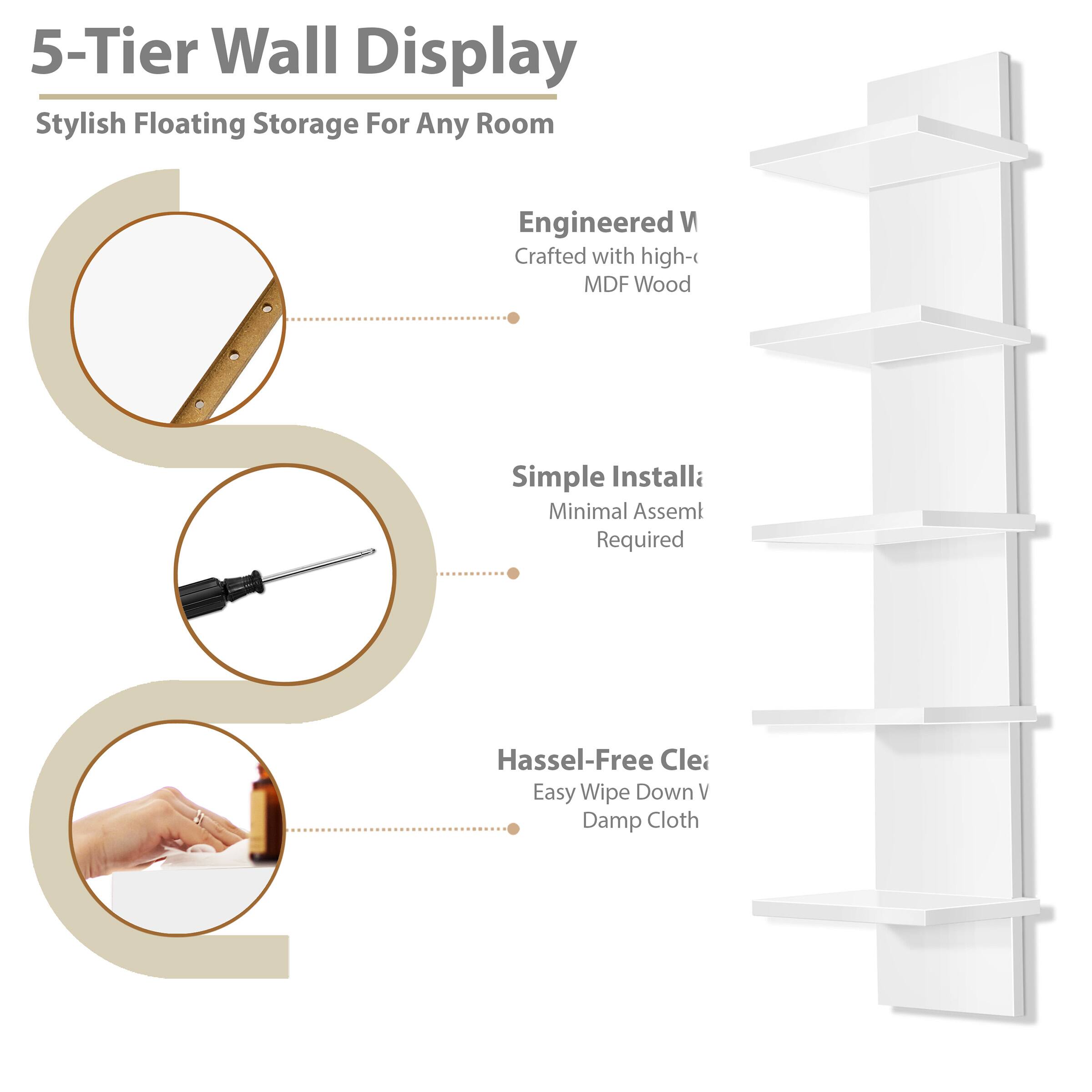 5-Tier Wall Display  
Stylish Floating Storage For Any Room  

Engineered Wall  
Crafted with high-quality MDF Wood  

Simple Install:  
Minimal Assembly Required  

Hassle-Free Clean  
Easy Wipe Down with Damp Cloth