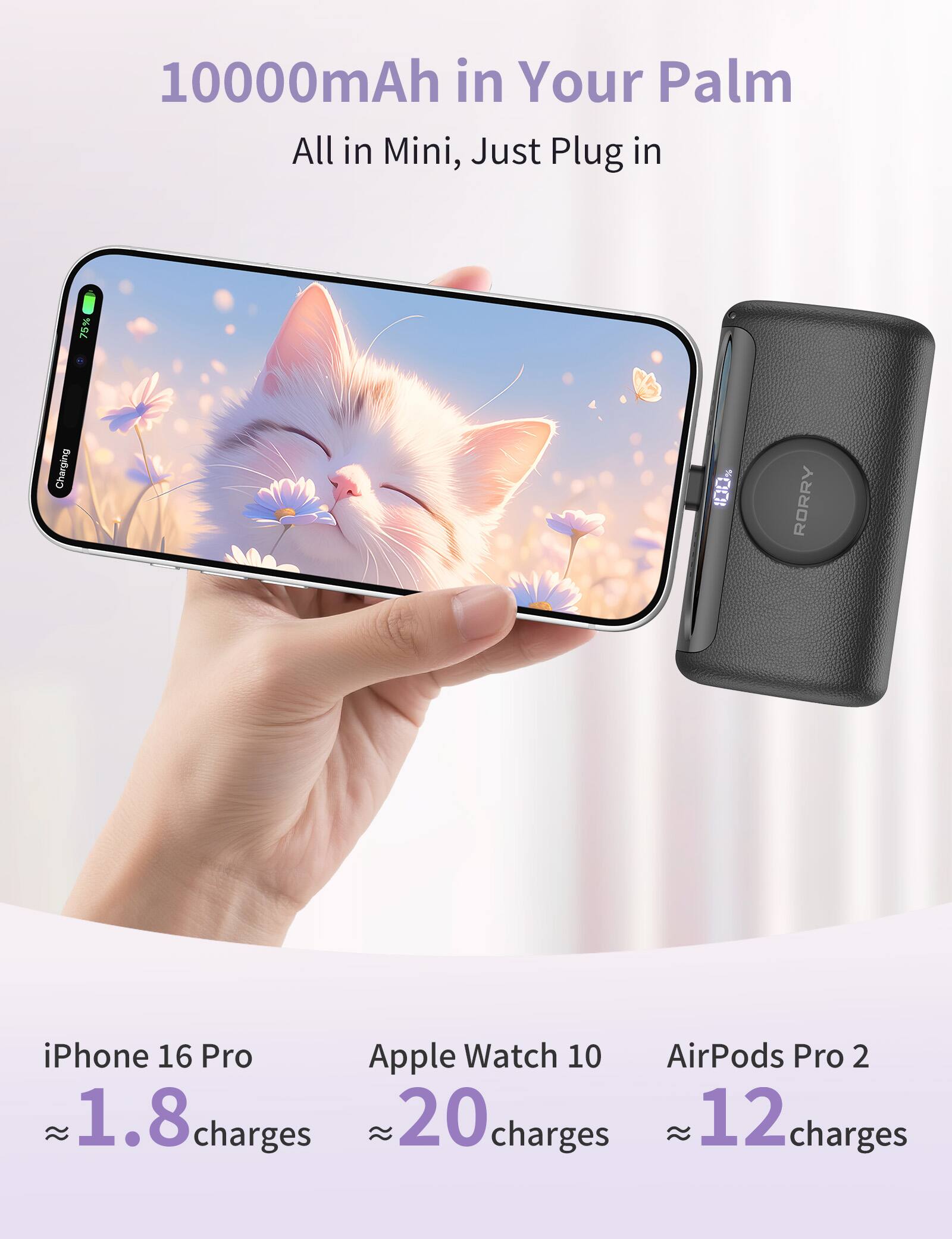 10000mAh in Your Palm All in Mini, Just Plug in

75% Charging
100% RORRY

iPhone 16 Pro Apple Watch 10 AirPods Pro 2
1.8 charges 20 charges 12 charges