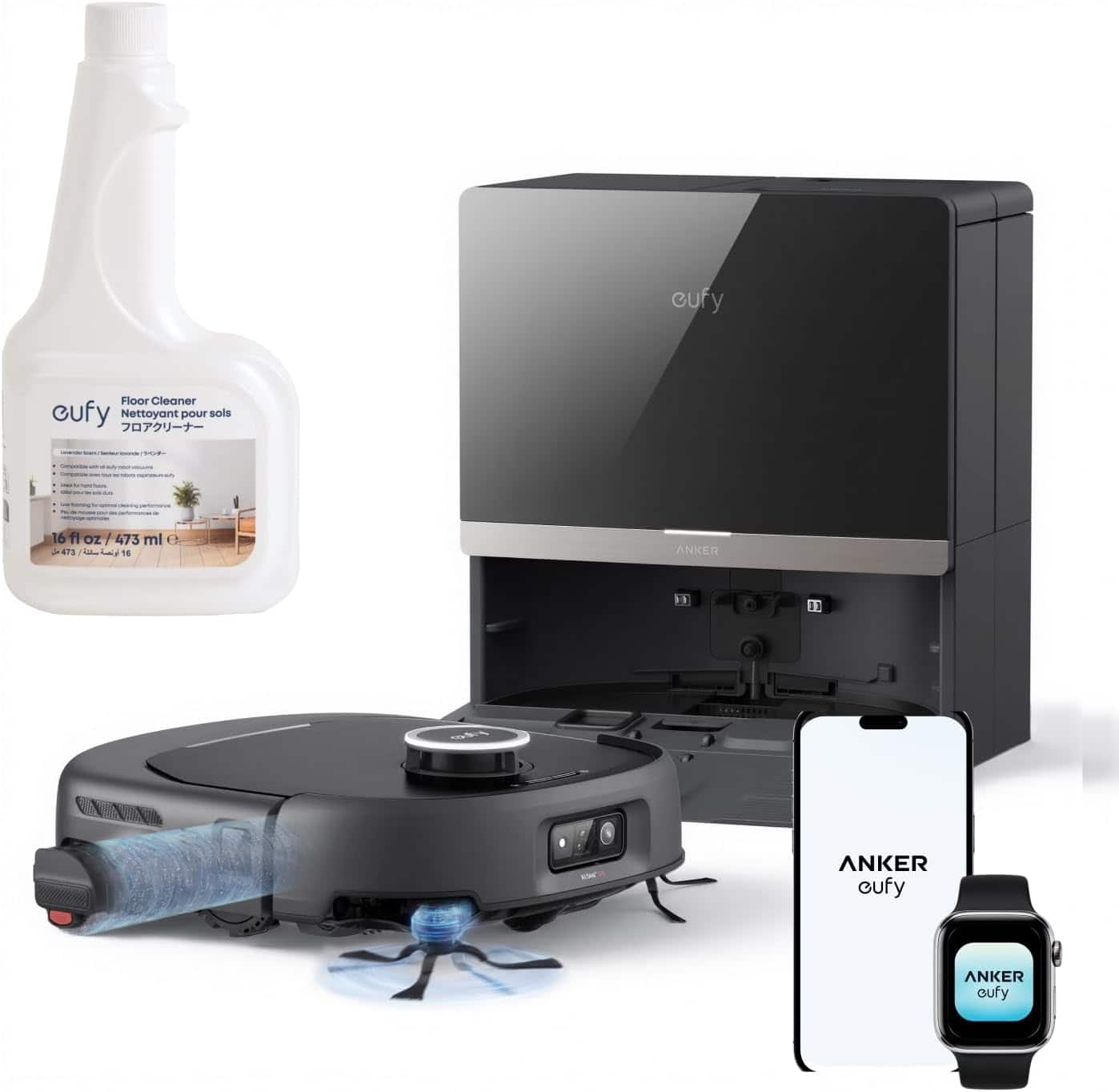 eufy - Robot Vacuum Omni and Mop Combo E35 & Floor Cleaning Solution, 35,000 Pa,Hot Wash & Dry, Edge Cleaning - Black