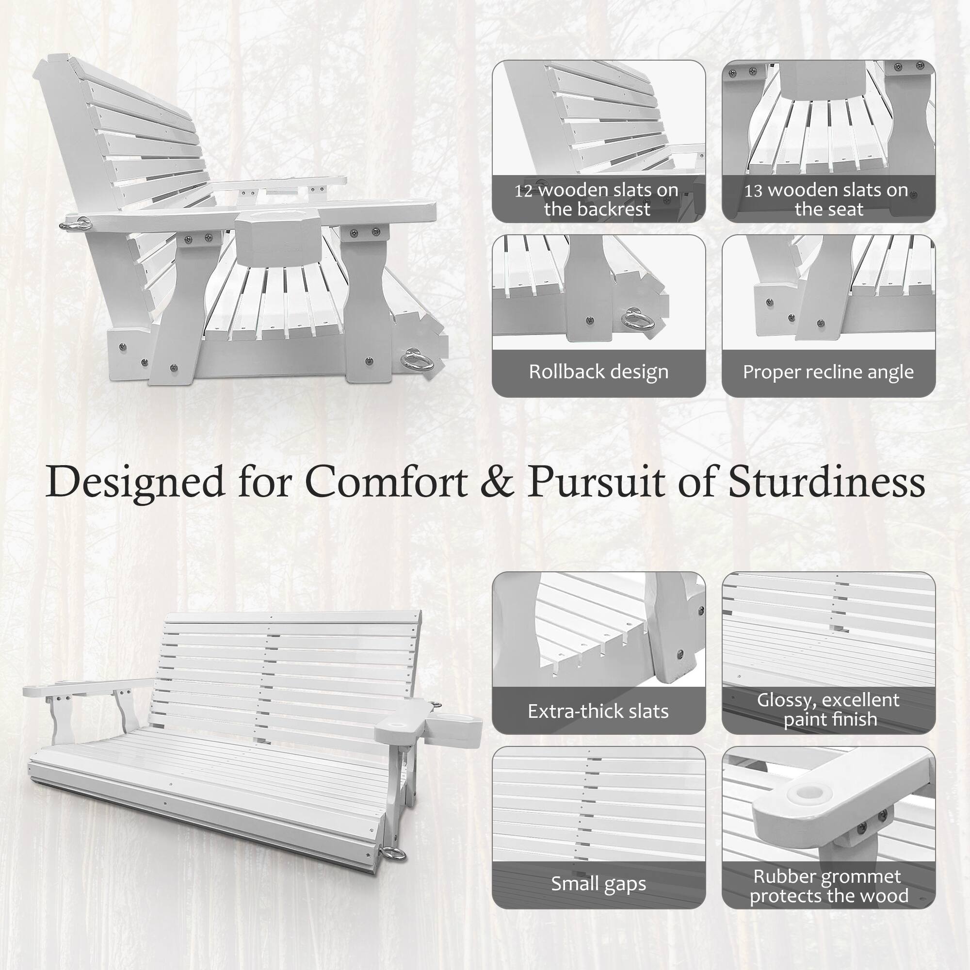 12 wooden slats on the backrest  
13 wooden slats on the seat  
Rollback design  
Proper recline angle  

Designed for Comfort & Pursuit of Sturdiness  

Extra-thick slats  
Glossy, excellent paint finish  
Small gaps  
Rubber grommet protects the wood