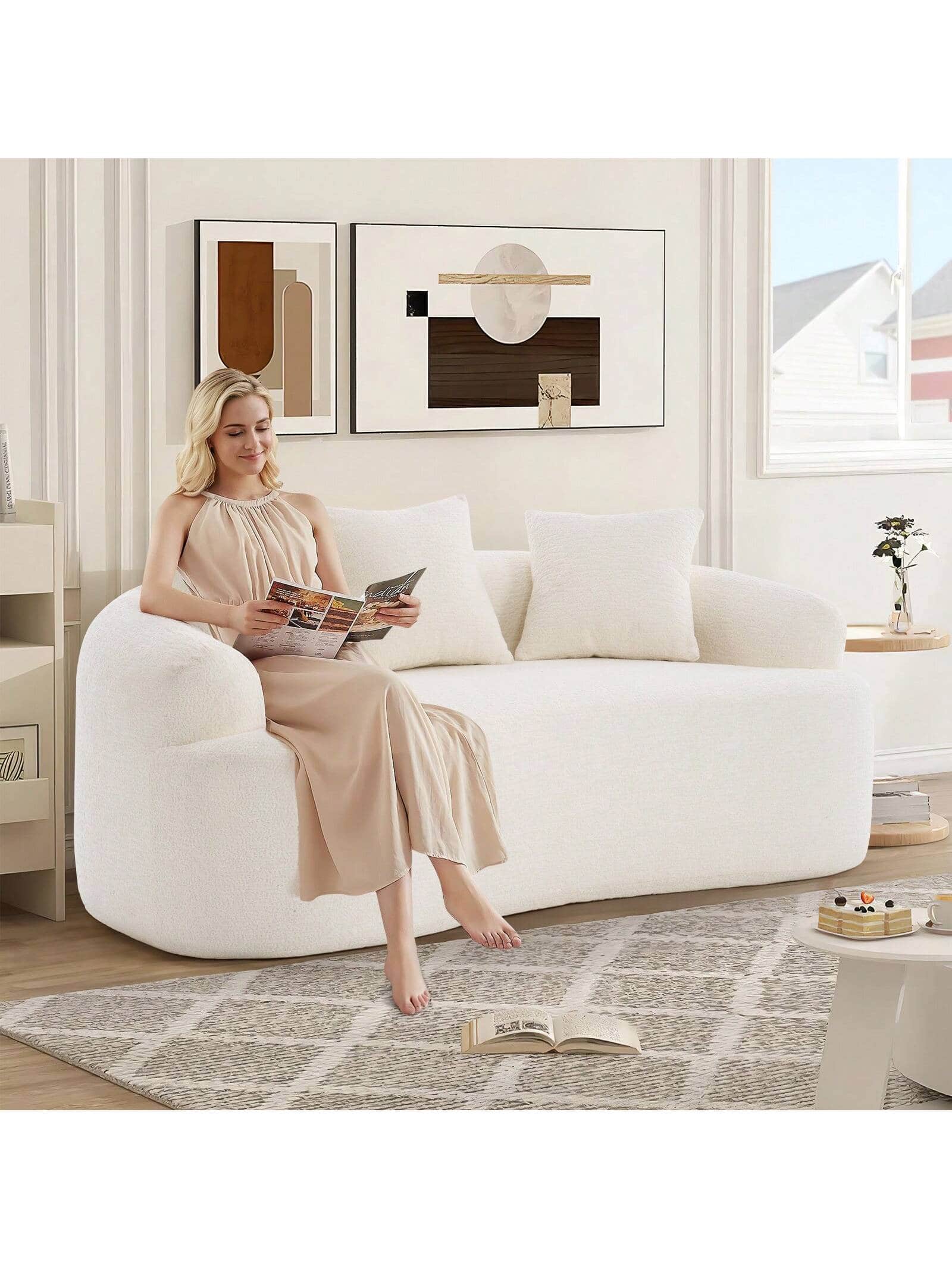 Trinkets Crazed - 65" Curved Small Loveseat Sofa,Cozy Chenille Upholstered Couch With 3 Pillows,Modern Deep Seat Cloud Couch - White