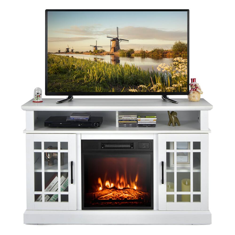 Angle. Pefilos - 48 Inch Electric Fireplace TV with Cabinets for TVs Up to Inch-White, Mid Century Modern Living Room Bedroom TV Stand - White.