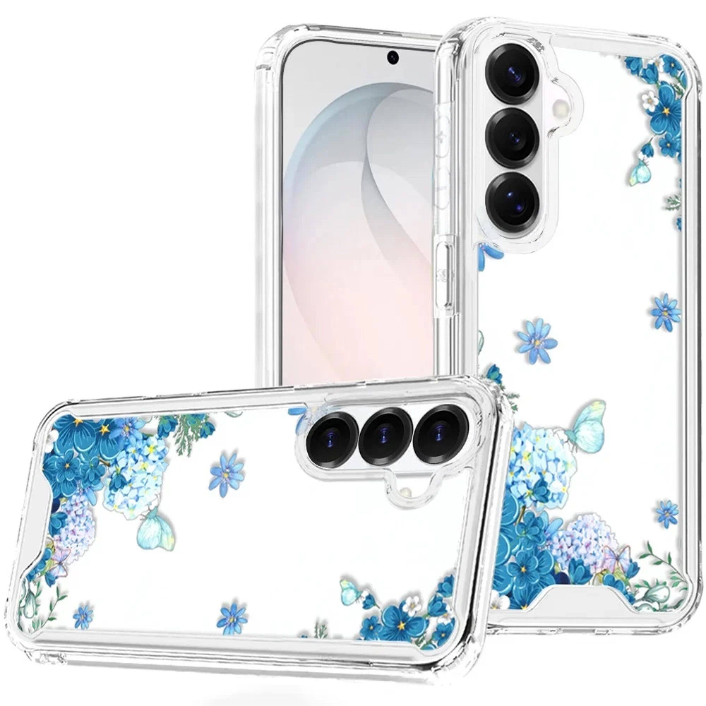 Angle. Kitcheniva - Cute Print Design On Clear TPU Cover Plus Tempered Glass For Samsung S26 FE Blue Floral - Multicolor.