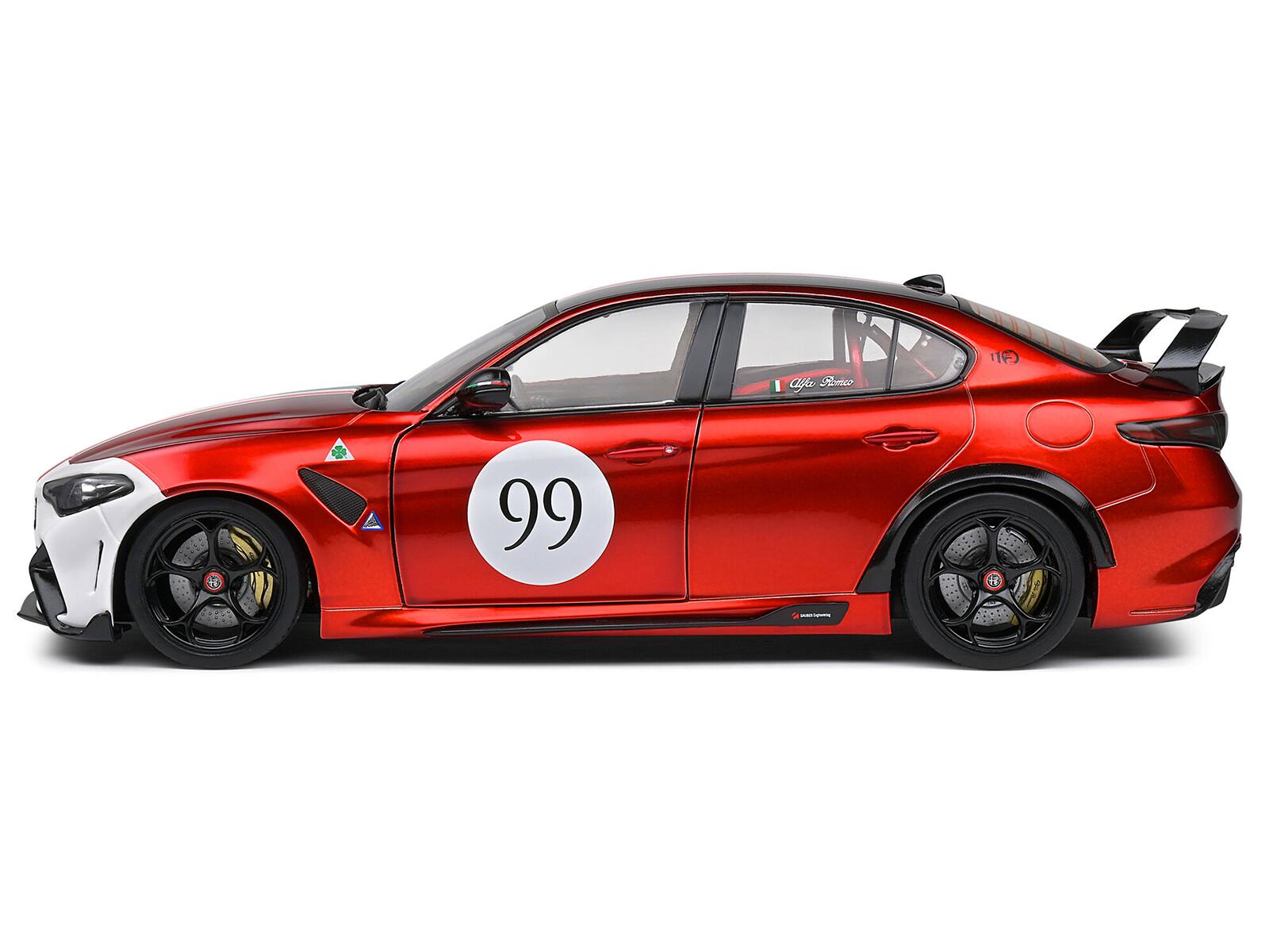Angle. Solido - 2022 Alfa Romeo Giulia GTAm #99 Red Metallic Black Top Italian Flag Stripes "Mugello 1969" Livery 1/18 Competition - Red Metallic And Black.