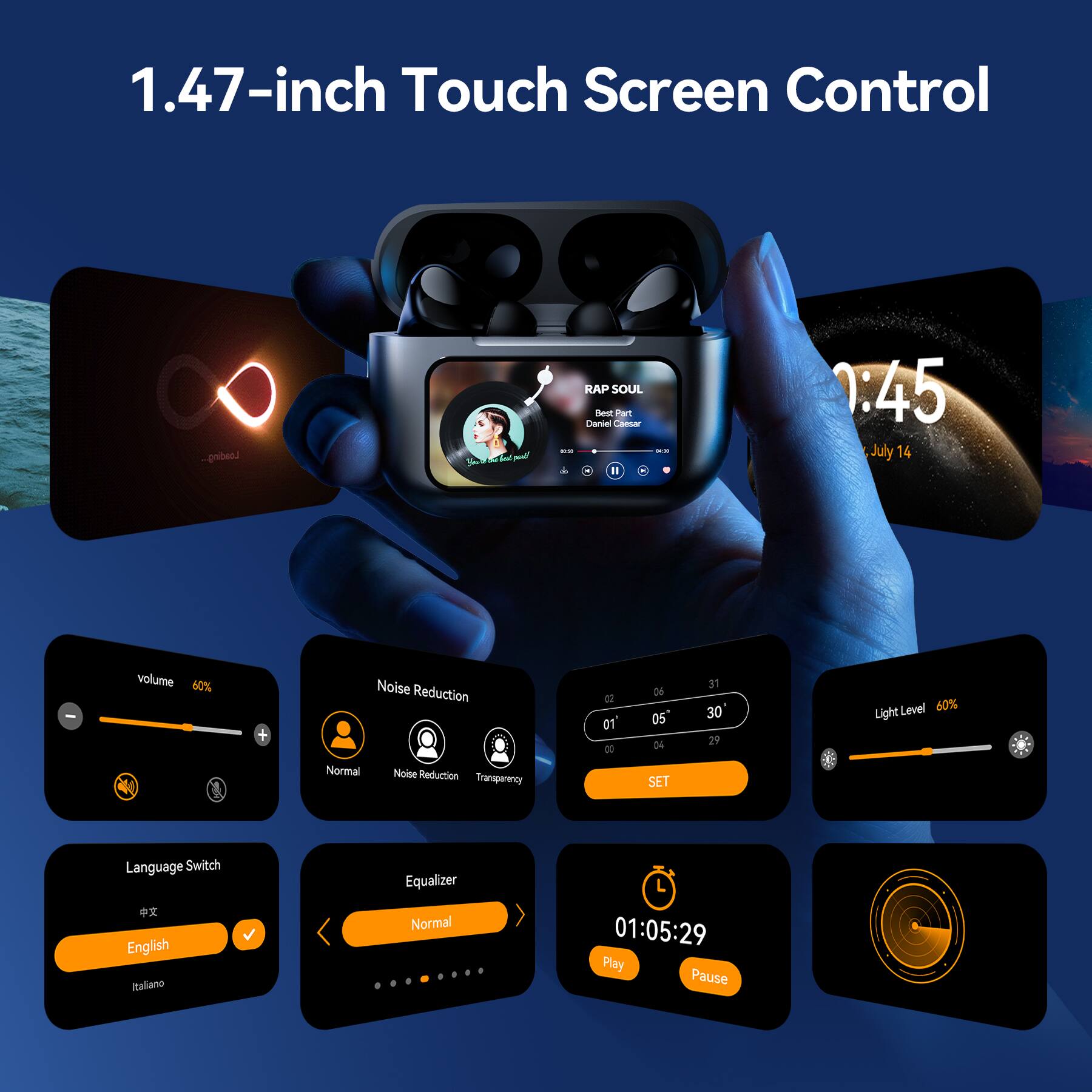 1.47-inch Touch Screen Control

Loading A 1 A E - RAP SOUL  
The Dareel Camar  
1 - 1:45  
July 14  

Volume: 60%  
Noise Reduction: Normal  
Transparency: 02 01 OE De 05 04  
SET: 31 30 29  
Level: 60%  
Light Level: 60%  

Language Switch: English, Italiano  
Equalizer: Normal  

Play/Pause: 01:05:29