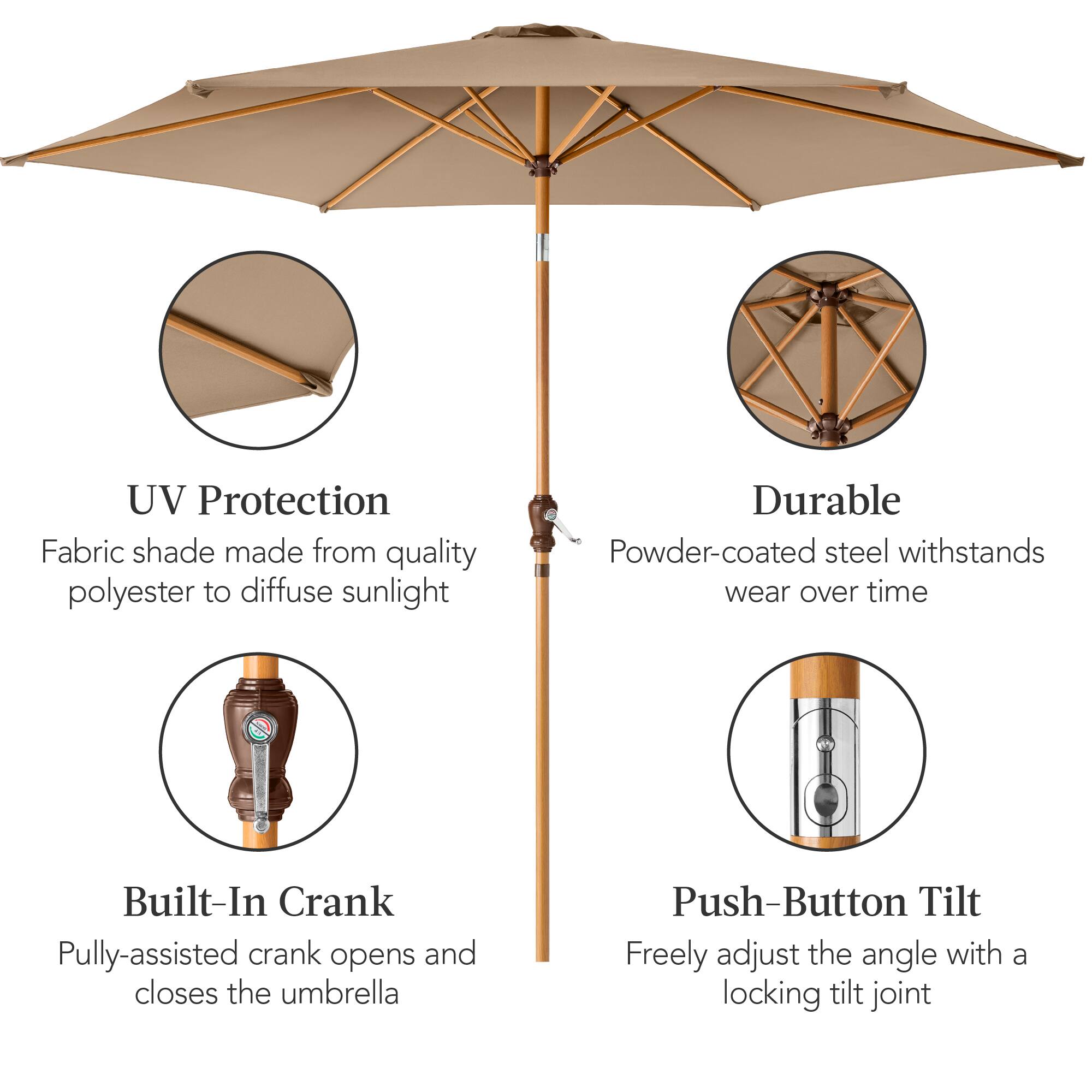 UV Protection: Fabric shade made from quality polyester to diffuse sunlight.

Durable: Powder-coated steel withstands wear over time.

Built-In Crank: Pulley-assisted crank opens and closes the umbrella.

Push-Button Tilt: Freely adjust the angle with a locking tilt joint.