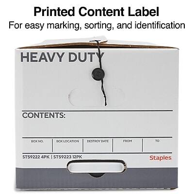Printed Content Label  
For easy marking, sorting, and identification  

HEAVY DUTY  

CONTENTS:  
BOX NO. | BOX LOCATION | DESTROY DATE | FROM | TO  
ST59222 4PK | ST59223 12PK | Staples